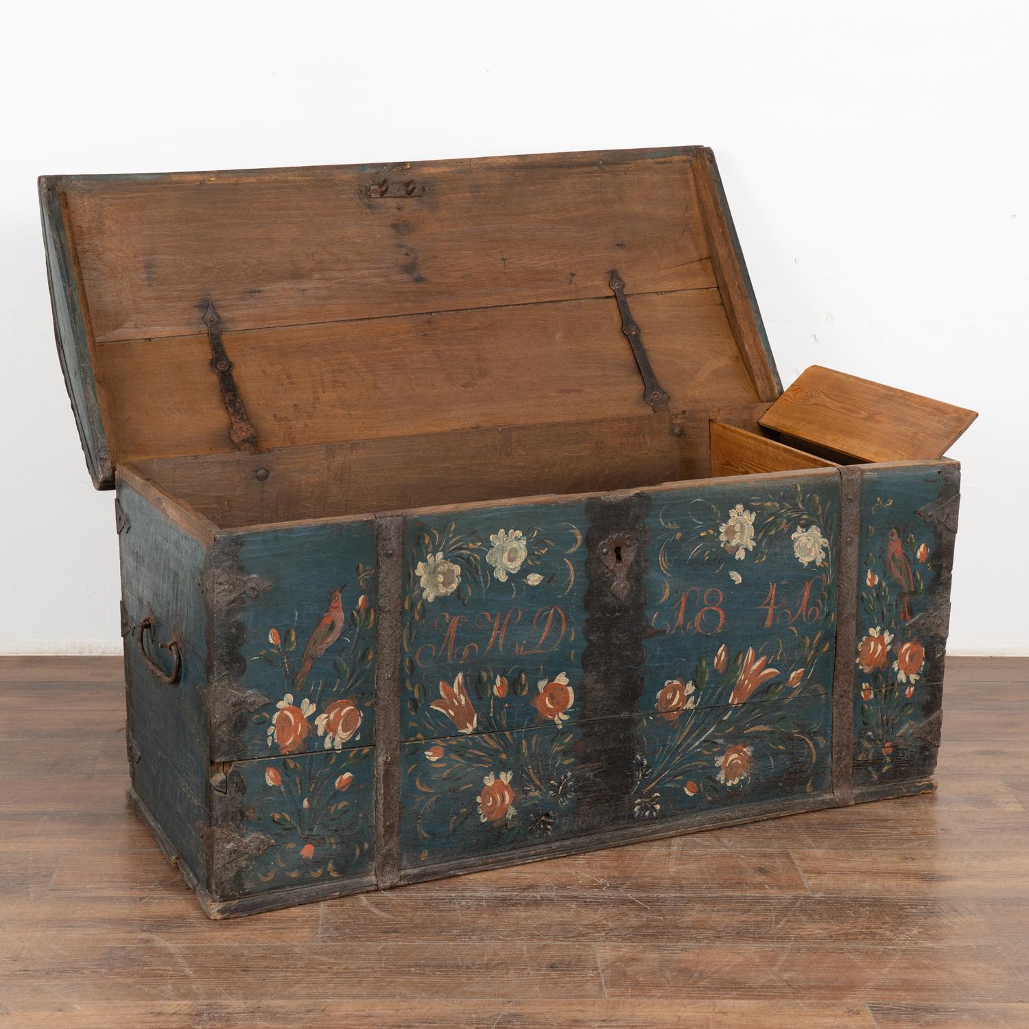19th Century Original Painted Blue Dome Top Trunk with Birds and Flowers, Sweden dated 1841 For Sale
