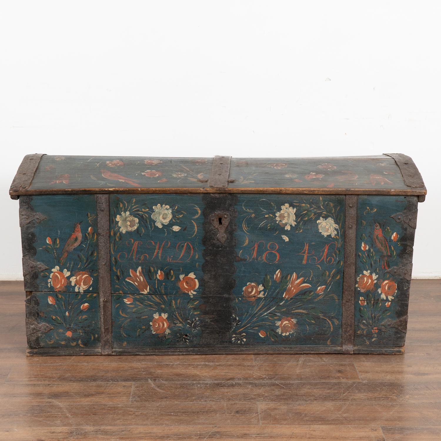 Original Painted Blue Dome Top Trunk with Birds and Flowers, Sweden dated 1841 For Sale 1