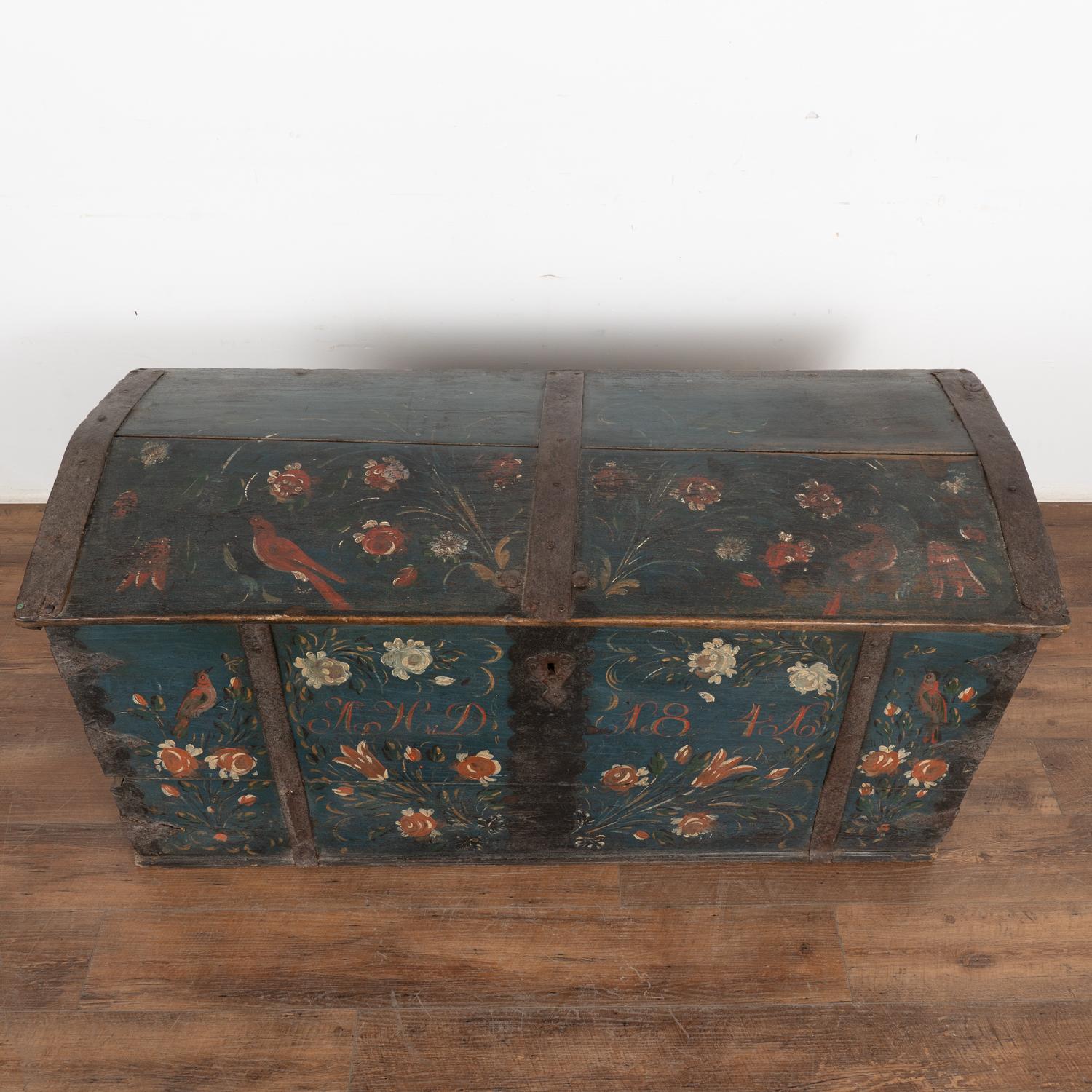 Original Painted Blue Dome Top Trunk with Birds and Flowers, Sweden dated 1841 For Sale 2