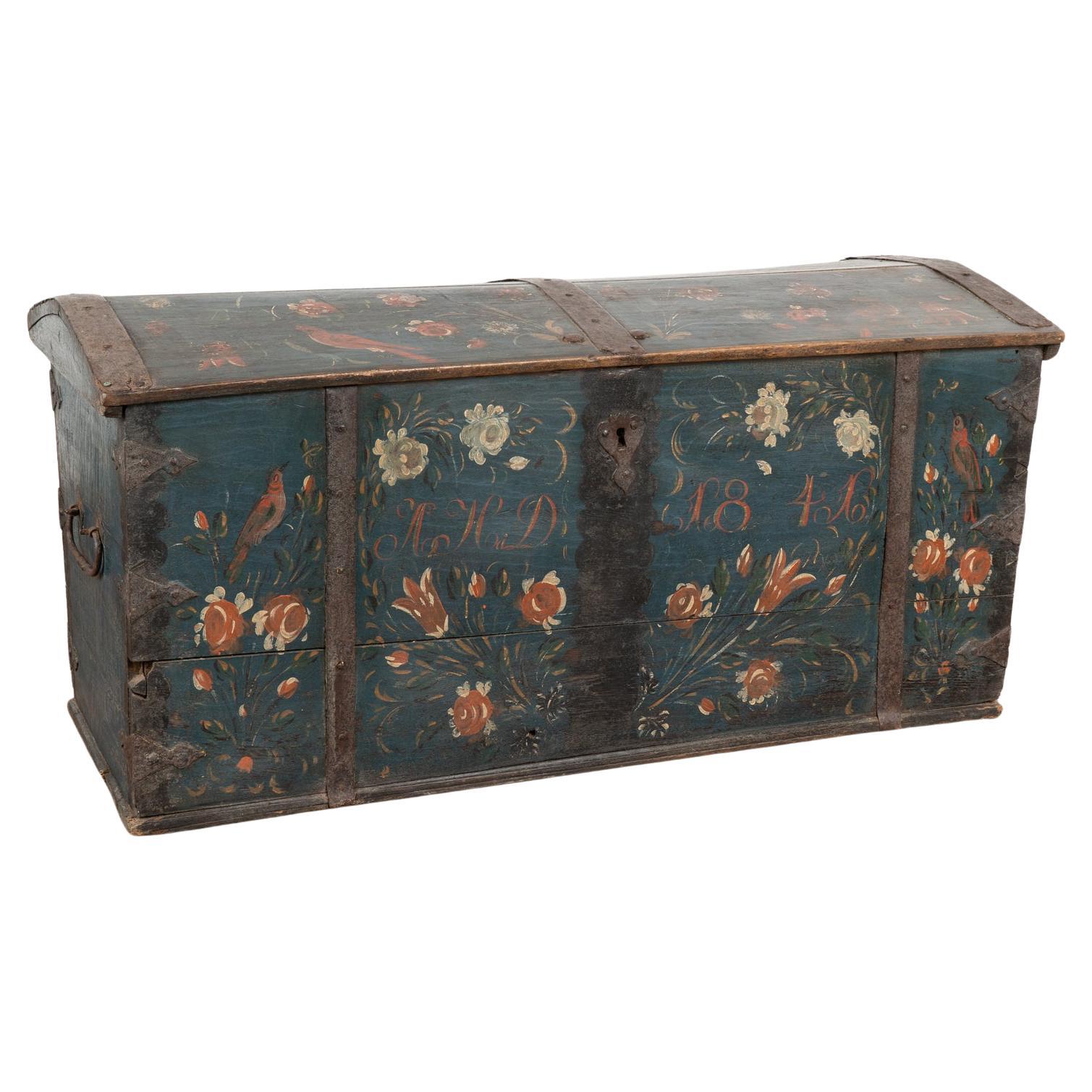 Original Painted Blue Dome Top Trunk with Birds and Flowers, Sweden dated 1841 For Sale