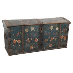 Antique Original Painted Blue Dome Top Trunk with Birds and Flowers, Sweden dated 1841