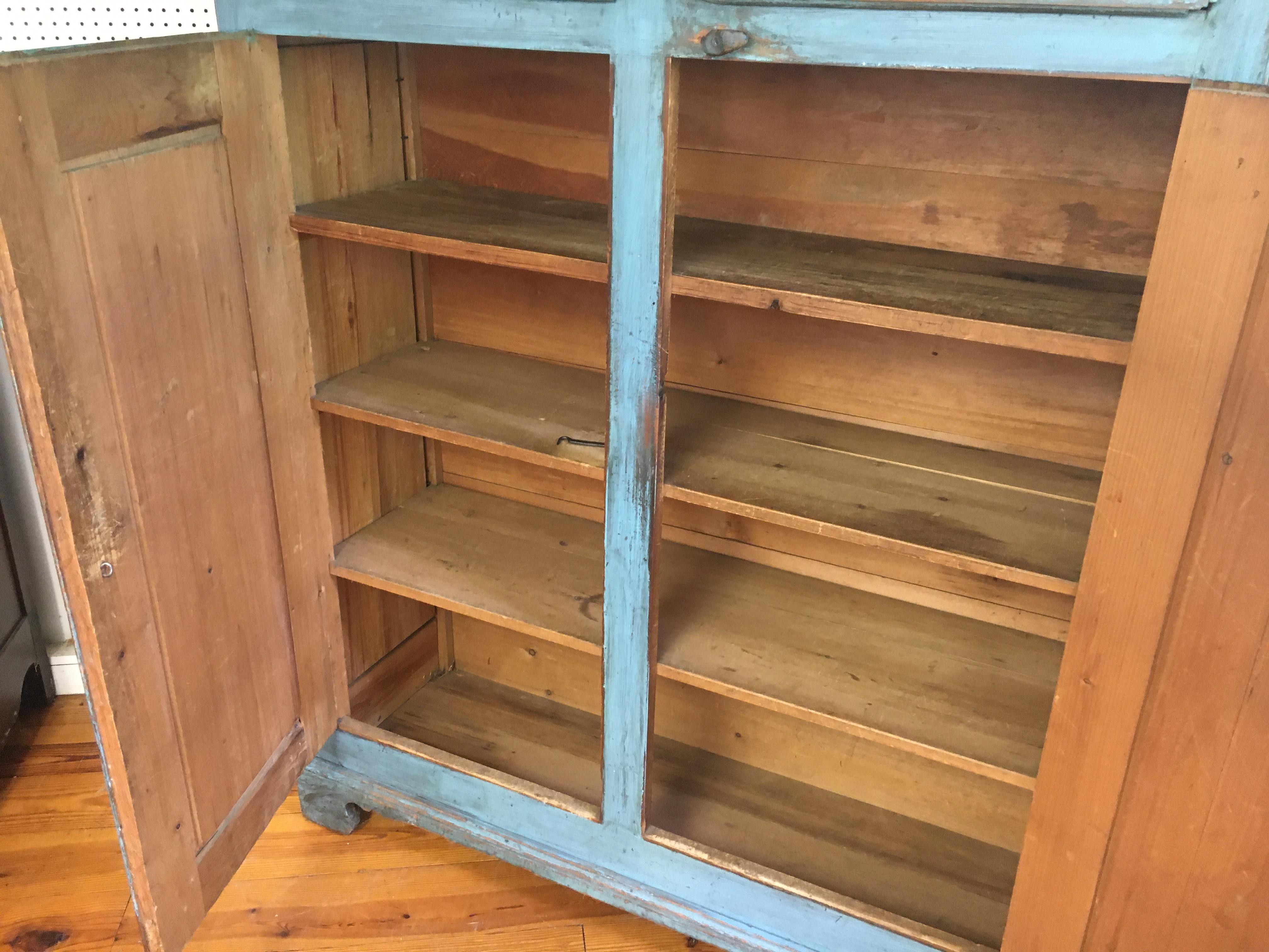 Original Painted Blue Two Door, Two Drawer Cupboard In Good Condition In Sheffield, MA