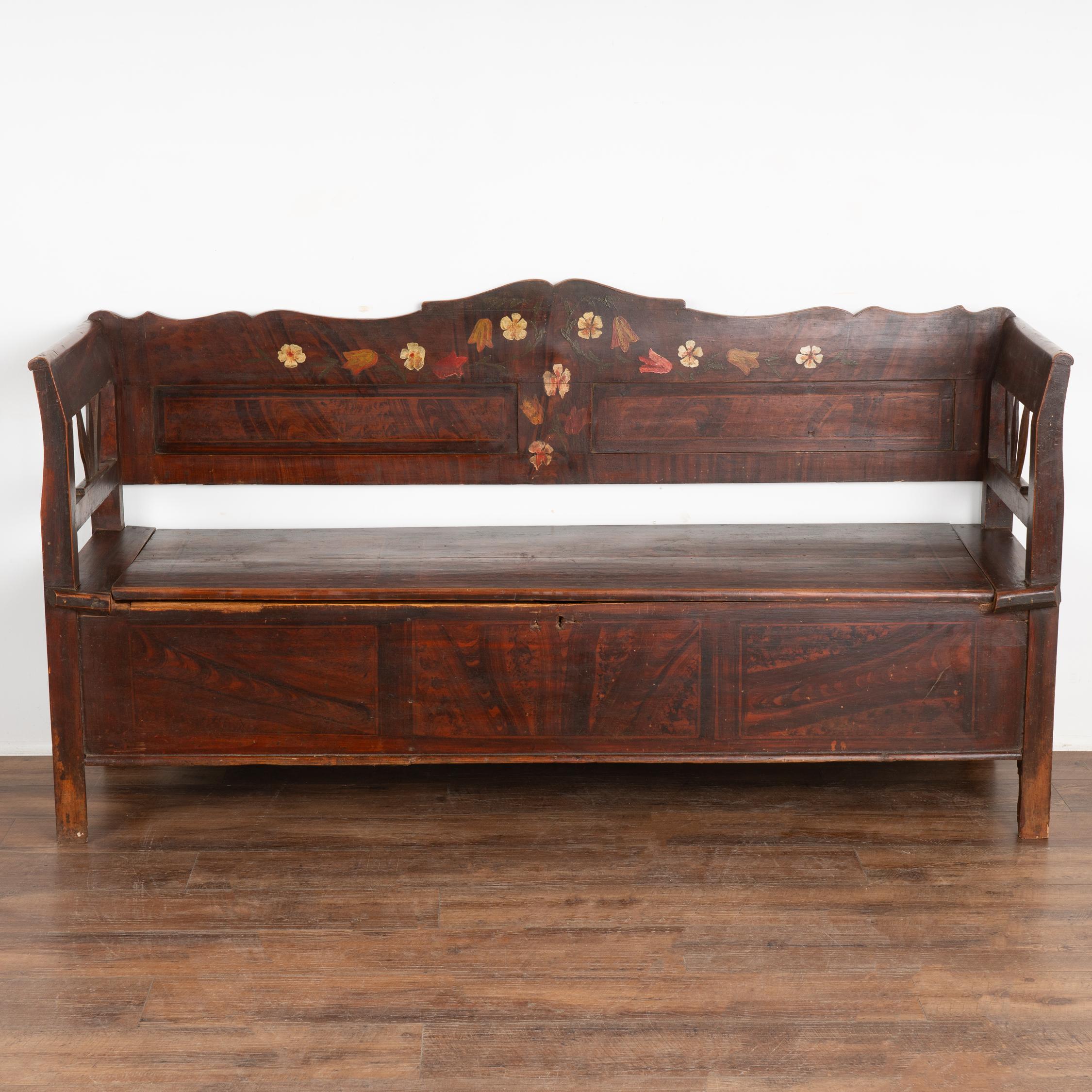Hungarian Original Painted Brown Bench With Storage, Hungary Circa 1900's For Sale