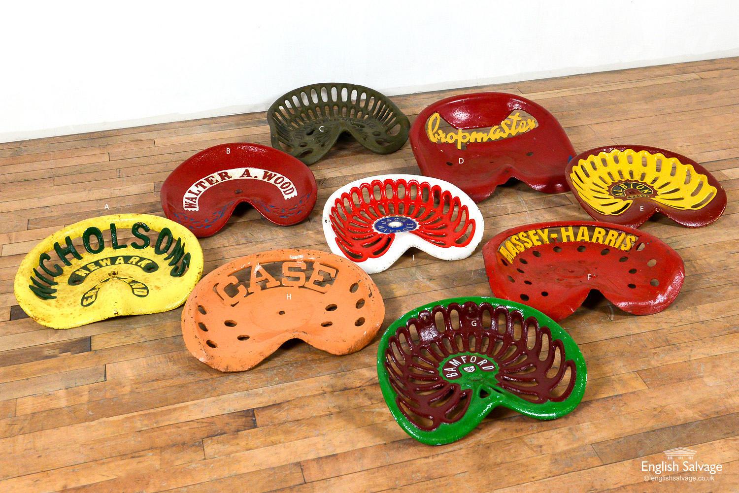 Vintage original cast iron tractor seats painted in various colors, in different sizes, profiles and brands. Very decorative and collectable.