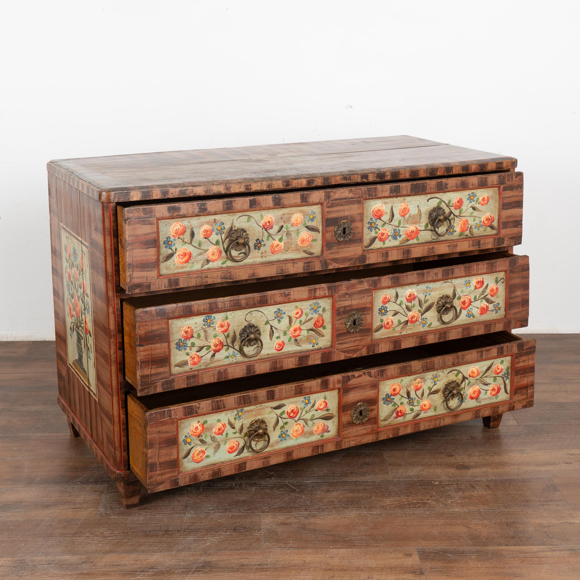 Folk Art Original Painted Chest of 3 Drawers Blanket Chest With Flowers, Circa 1860-80