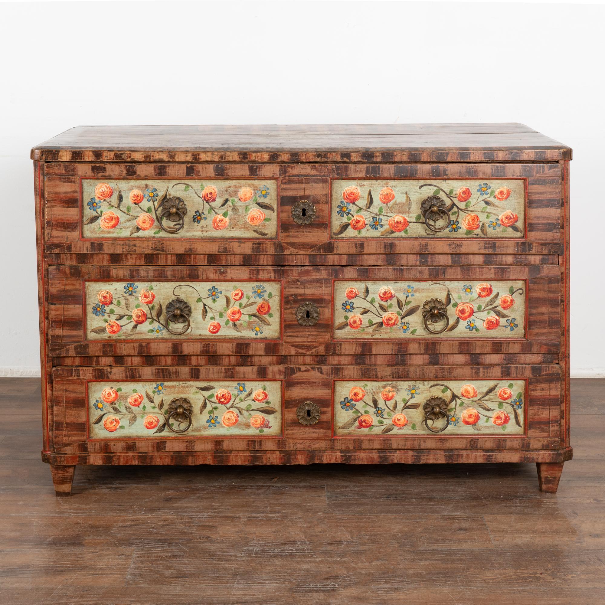 Hungarian Original Painted Chest of 3 Drawers Blanket Chest With Flowers, Circa 1860-80