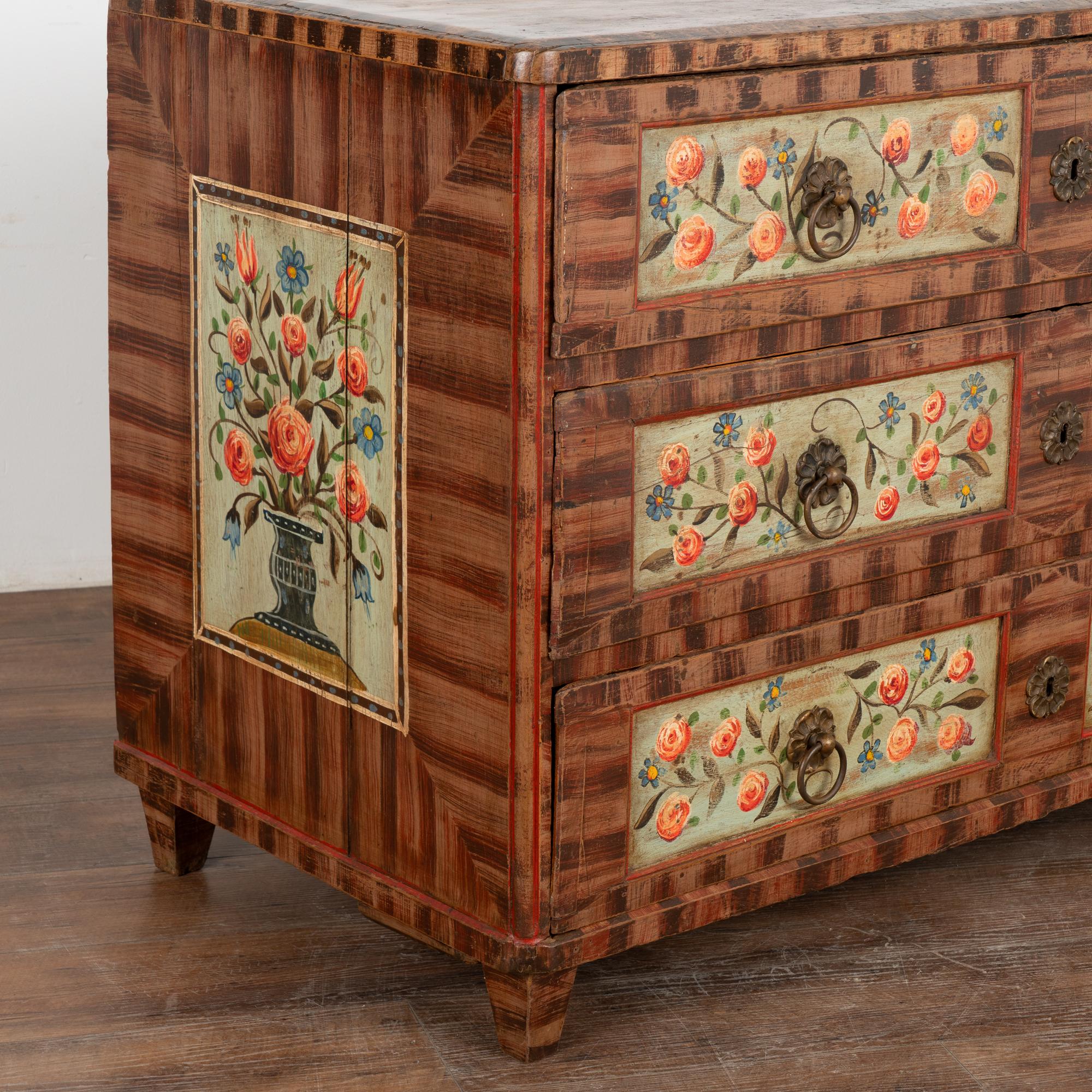 Brass Original Painted Chest of 3 Drawers Blanket Chest With Flowers, Circa 1860-80