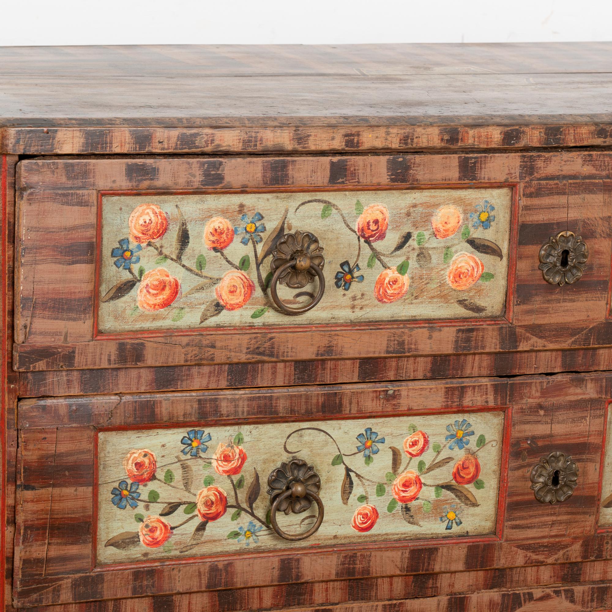 Original Painted Chest of 3 Drawers Blanket Chest With Flowers, Circa 1860-80 1