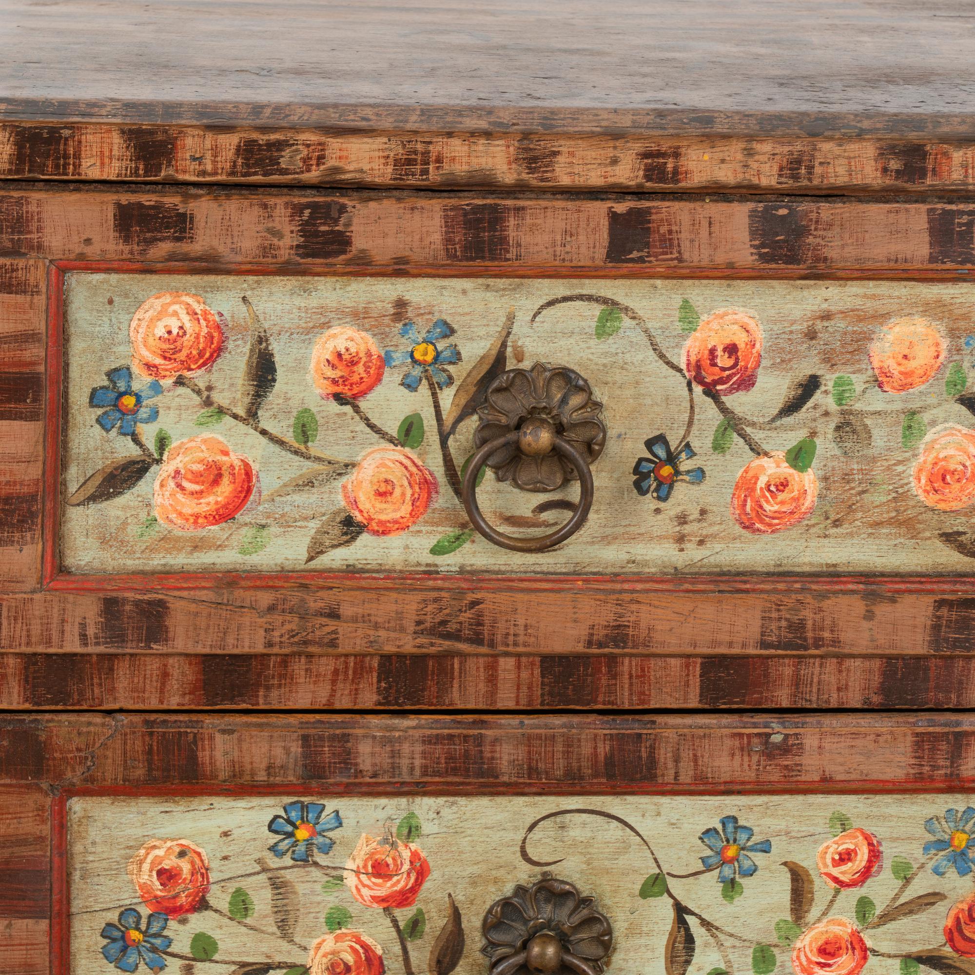 Original Painted Chest of 3 Drawers Blanket Chest With Flowers, Circa 1860-80 2