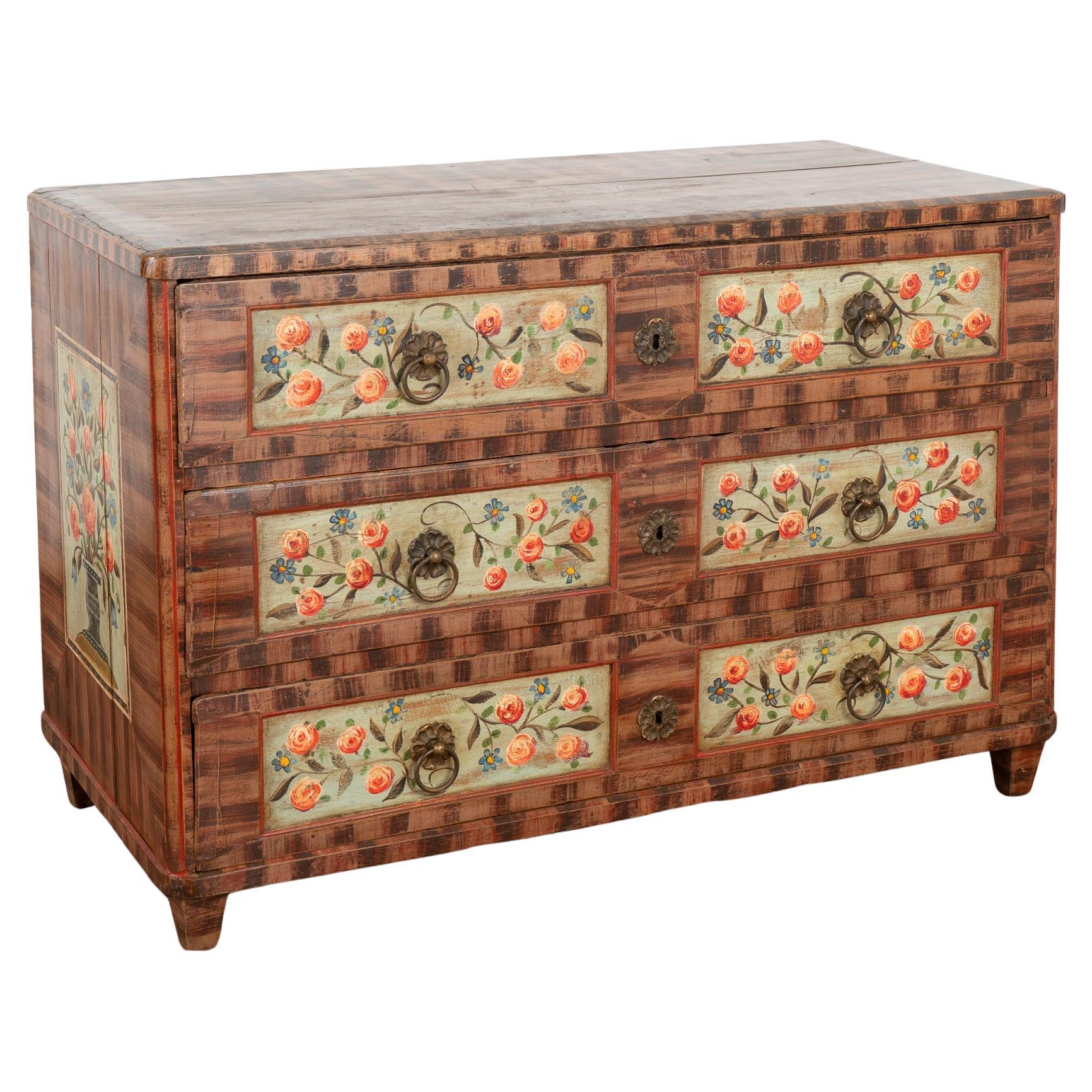 Original Painted Chest of 3 Drawers Blanket Chest With Flowers, Circa 1860-80