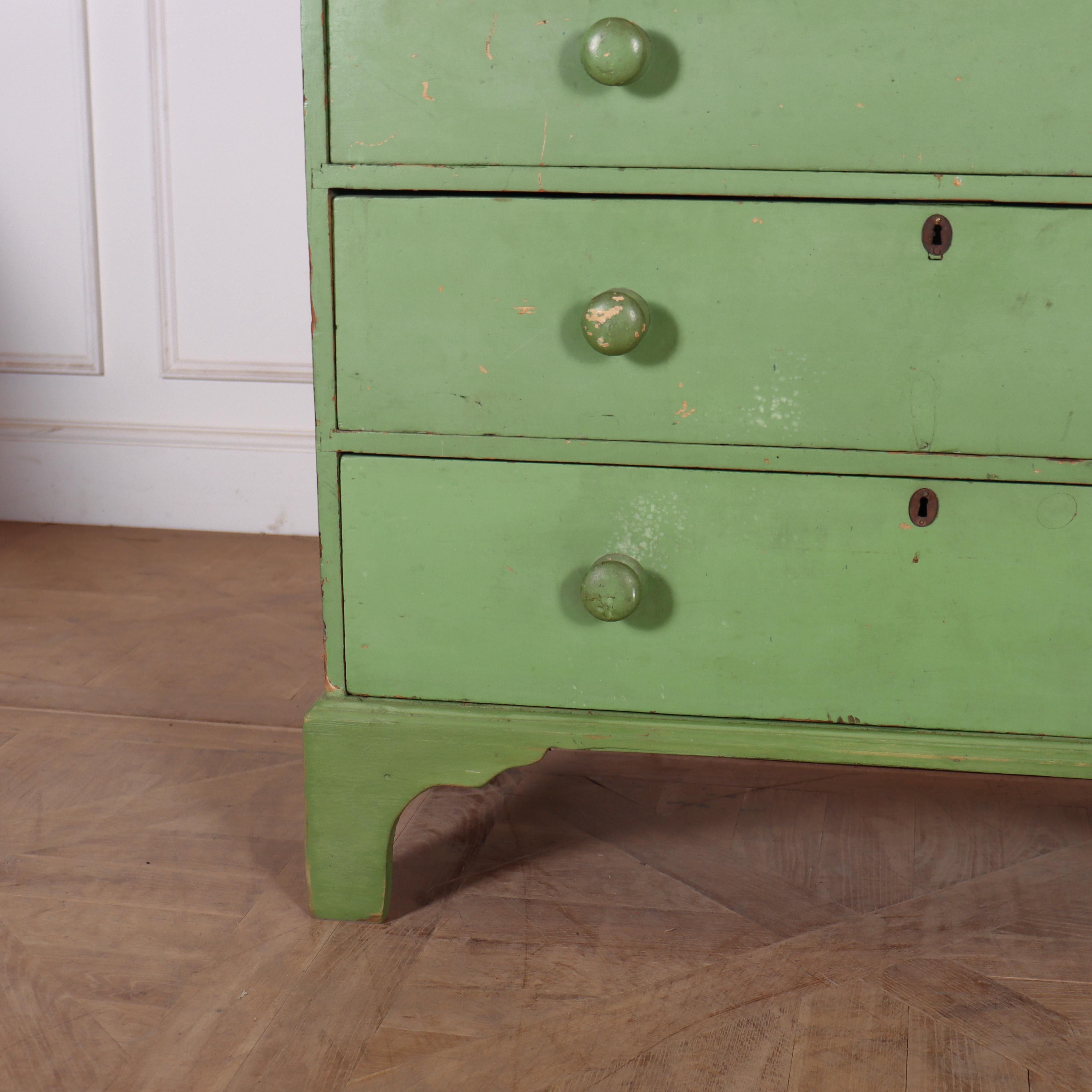 Early 19th century English original painted pine chest of drawers in a wacky green colour. 1830.
Reference: 7891
Dimensions
40.5 inches (103 cms) Wide
21 inches (53 cms) Deep
41 inches (104 cms) High