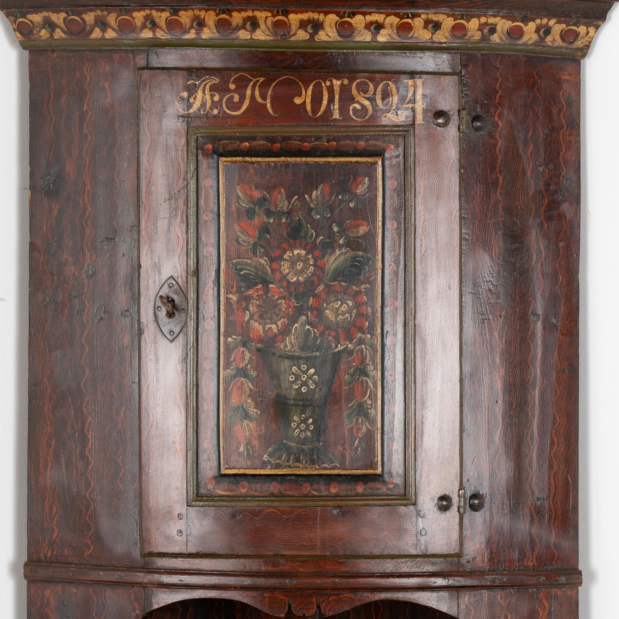 19th Century Original Painted Corner Cabinet Cupboard, Sweden dated 1824 For Sale