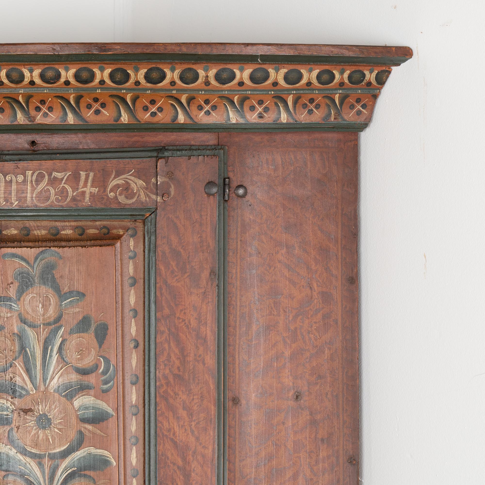 19th Century Original Painted Dalarna Corner Cabinet Cupboard, Sweden dated 1834