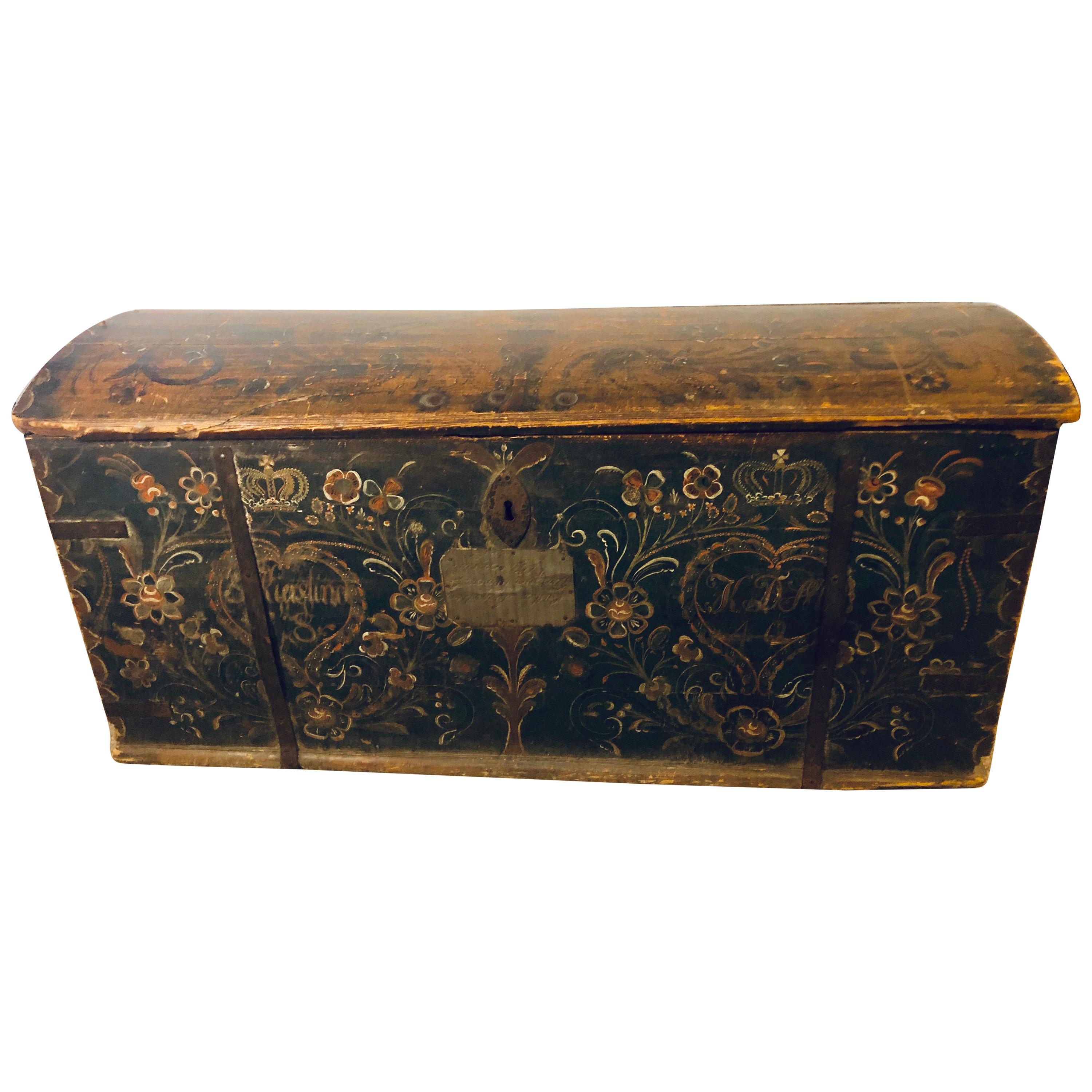 Baule o bagaglio da dote originale dipinto, datato 1840