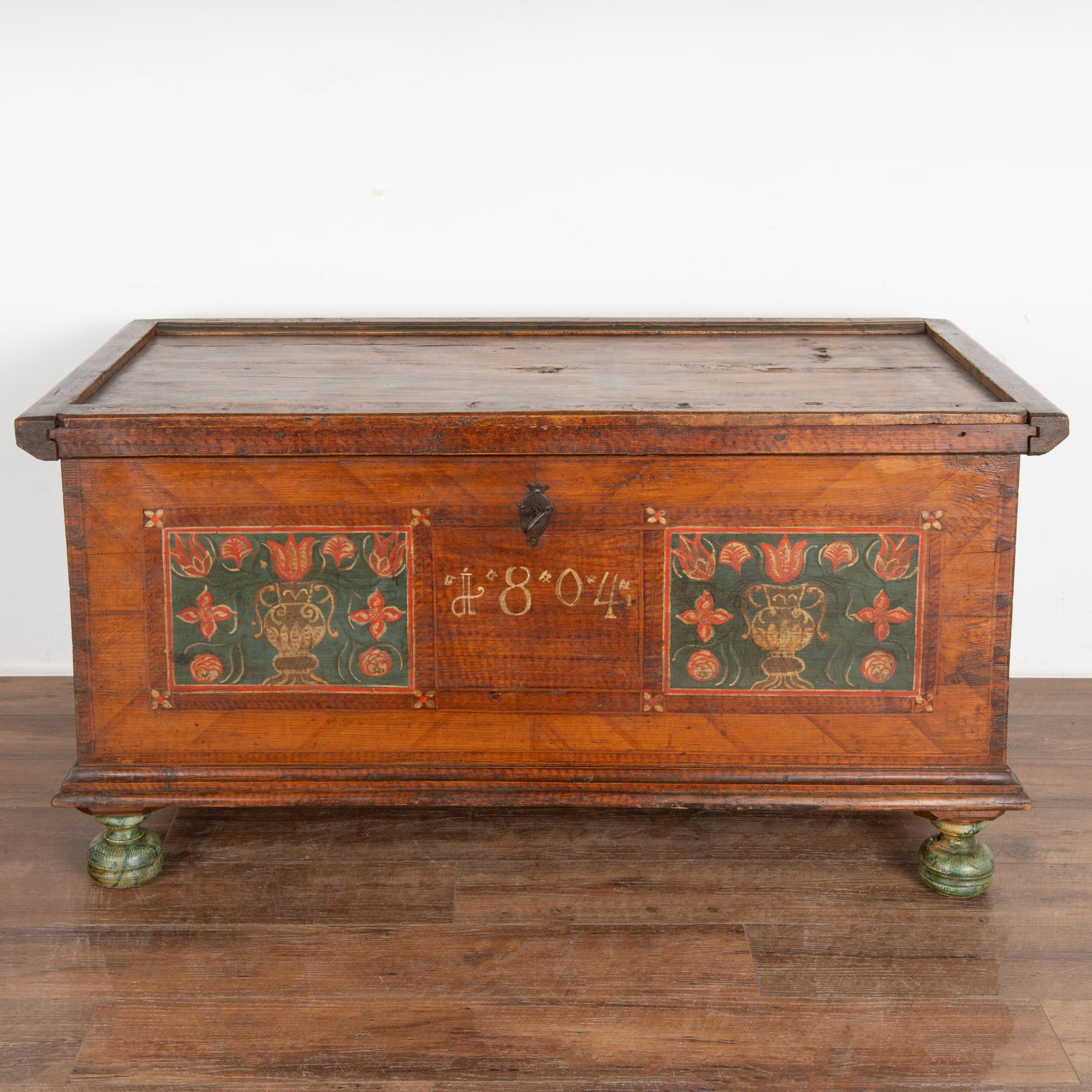 Austrian Original Painted Flat Top Trunk With Flowers, Austria dated 1804 For Sale