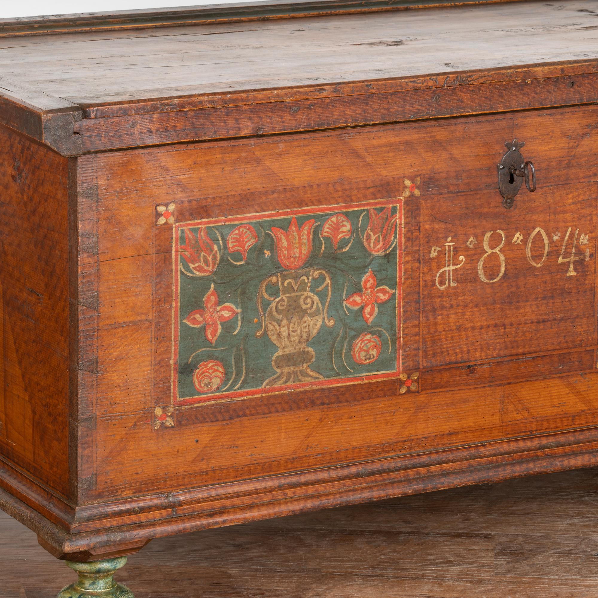 Original Painted Flat Top Trunk With Flowers, Austria dated 1804 For Sale 1