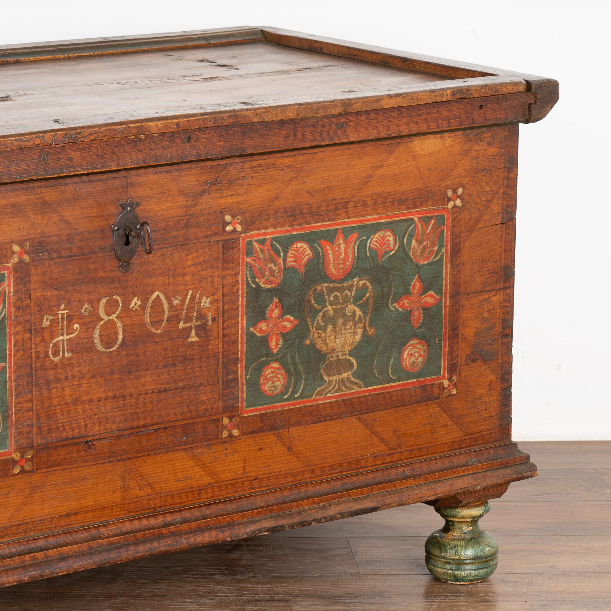 Original Painted Flat Top Trunk With Flowers, Austria dated 1804 For Sale 2