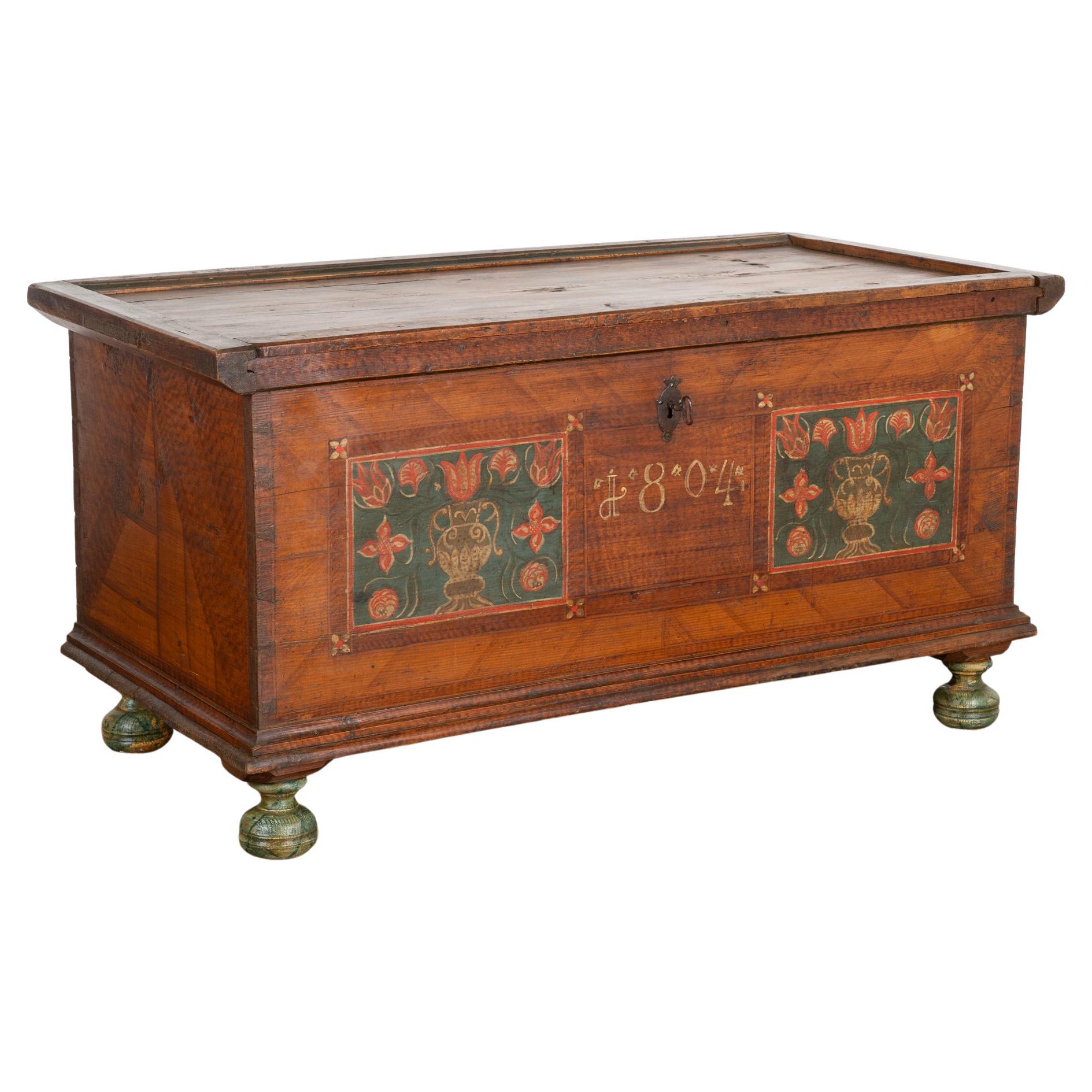 Original Painted Flat Top Trunk With Flowers, Austria dated 1804 For Sale