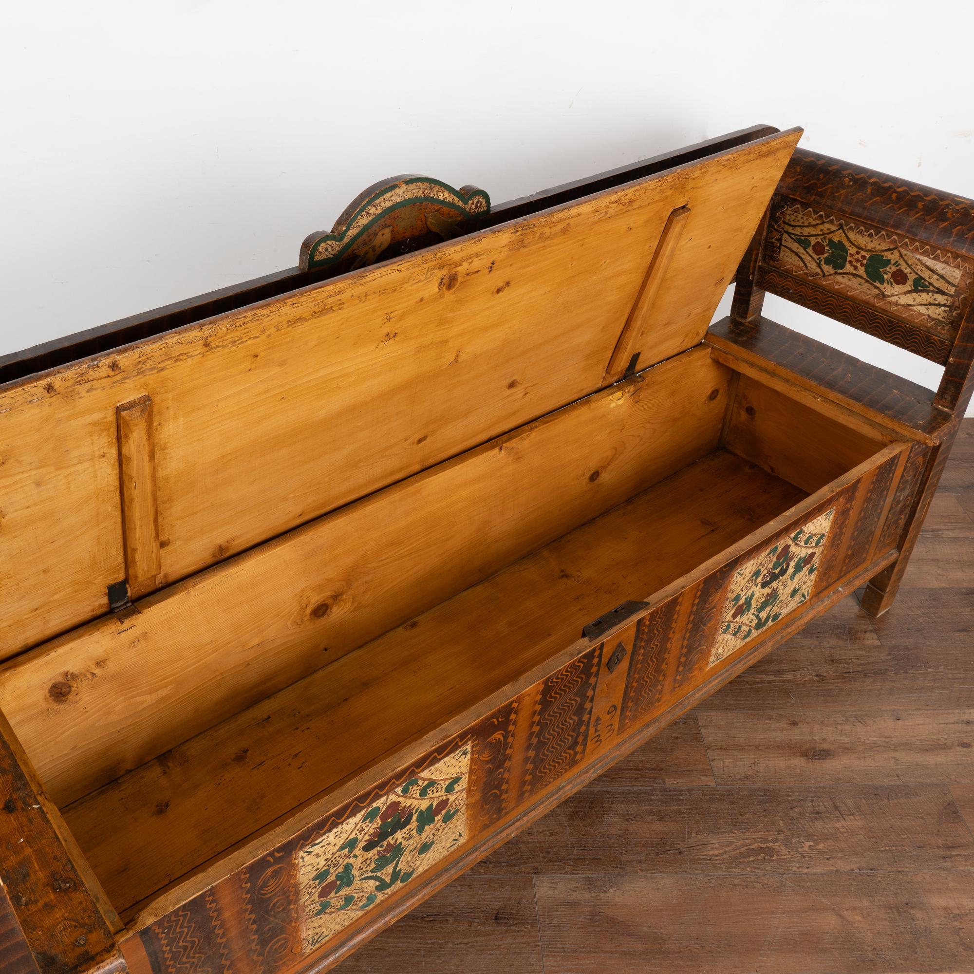 Original Painted Folk Art Bench With Carved Birds, Hungary dated 1933 For Sale 5