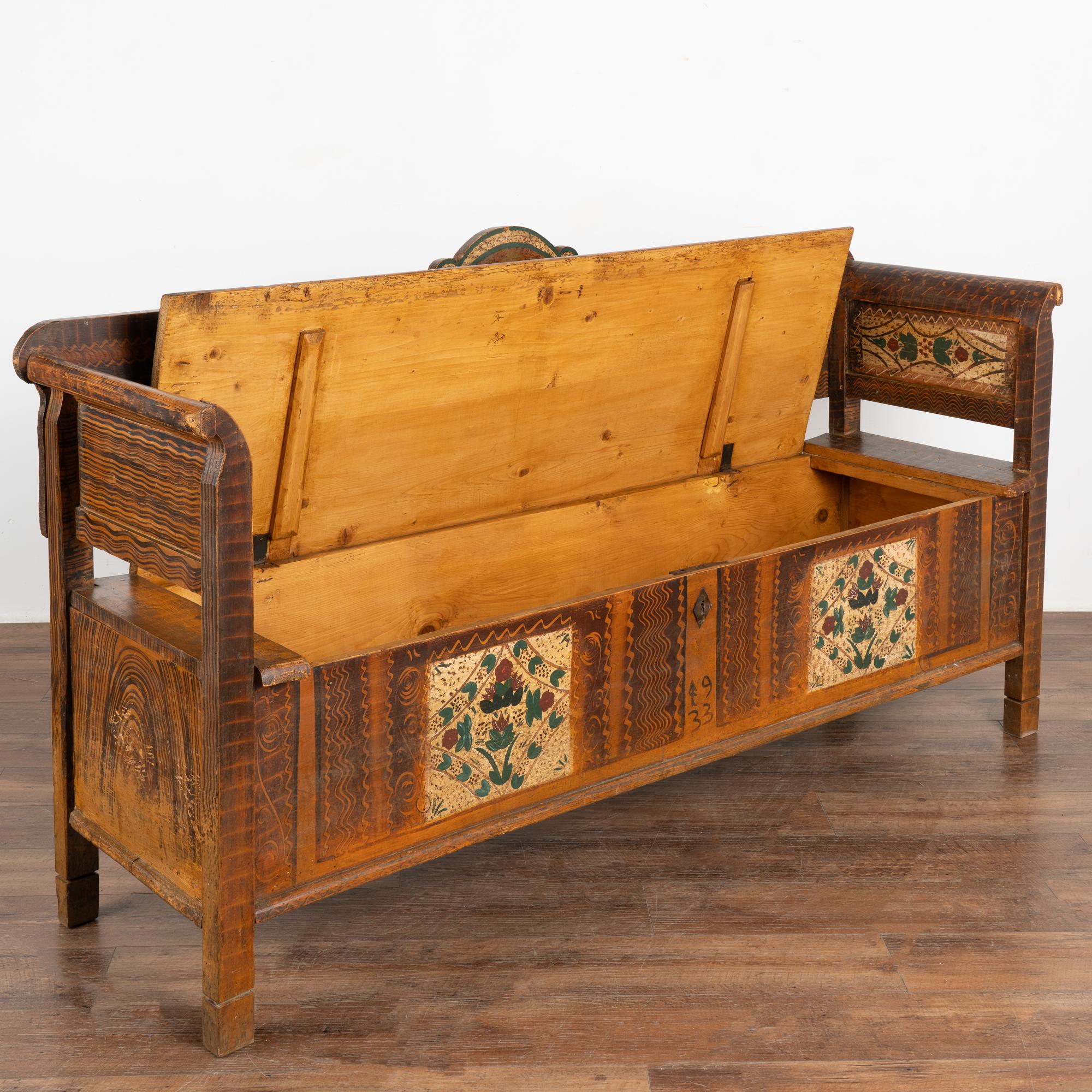 Hungarian Original Painted Folk Art Bench With Carved Birds, Hungary dated 1933 For Sale