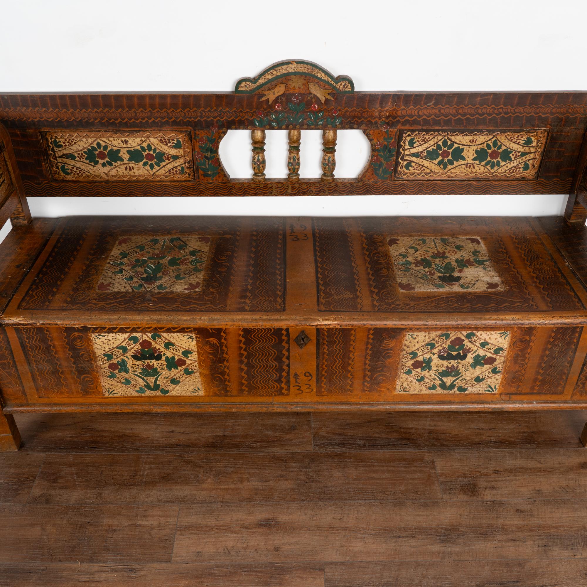 20th Century Original Painted Folk Art Bench With Carved Birds, Hungary dated 1933 For Sale