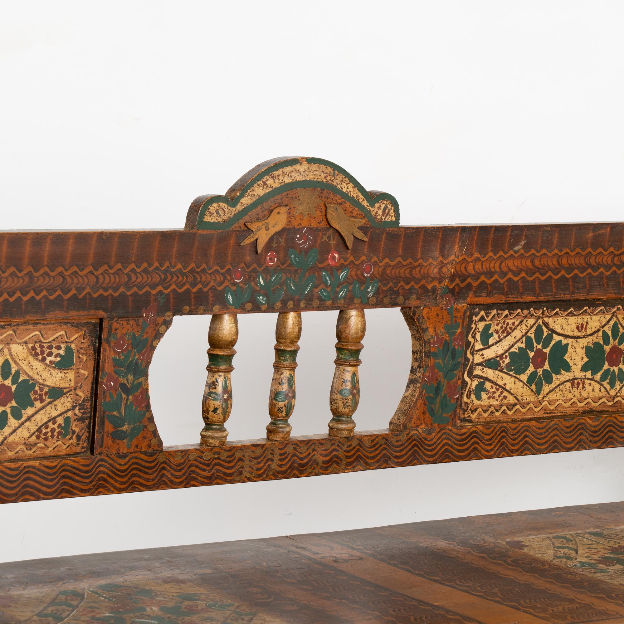 Original Painted Folk Art Bench With Carved Birds, Hungary dated 1933 For Sale 1