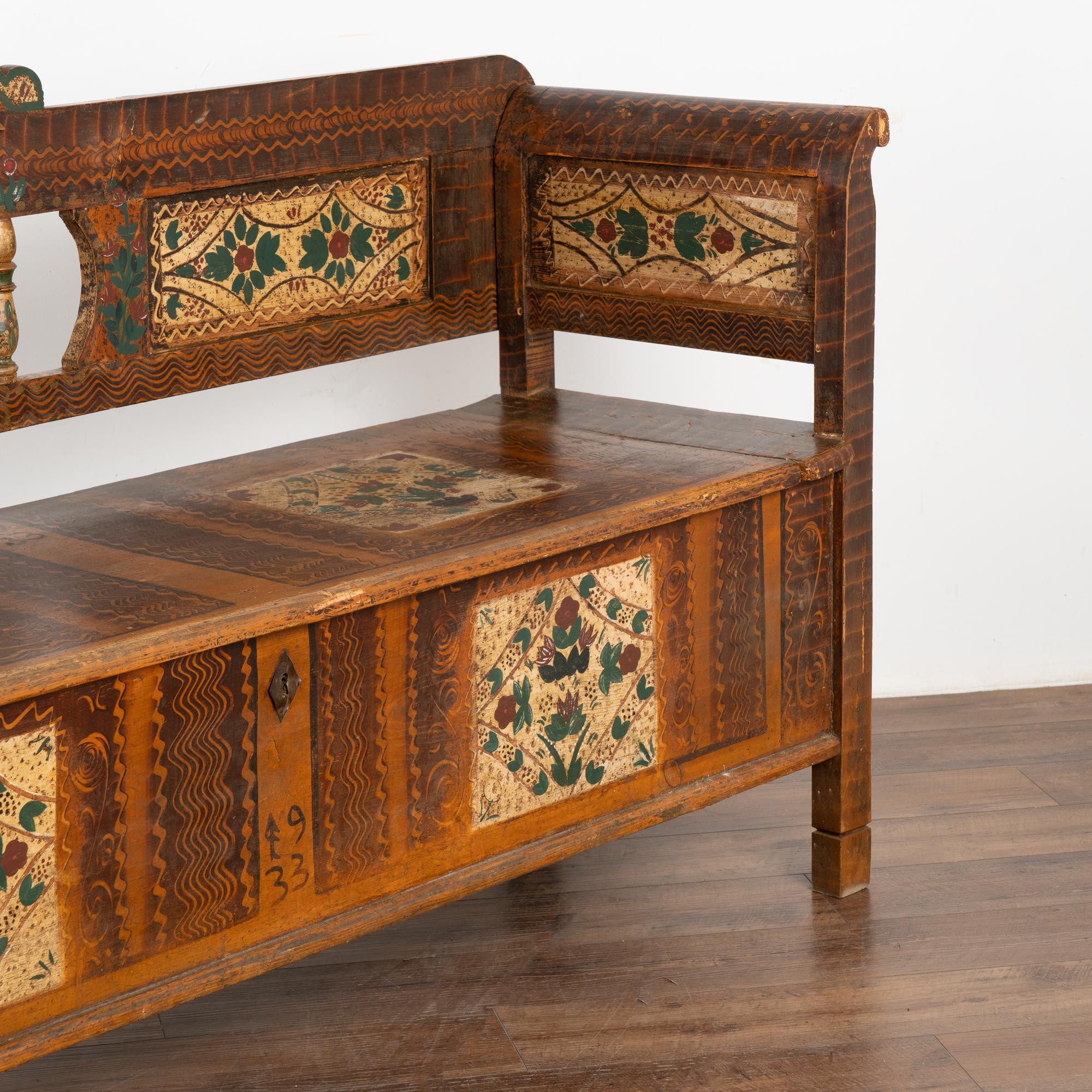 Original Painted Folk Art Bench With Carved Birds, Hungary dated 1933 For Sale 2