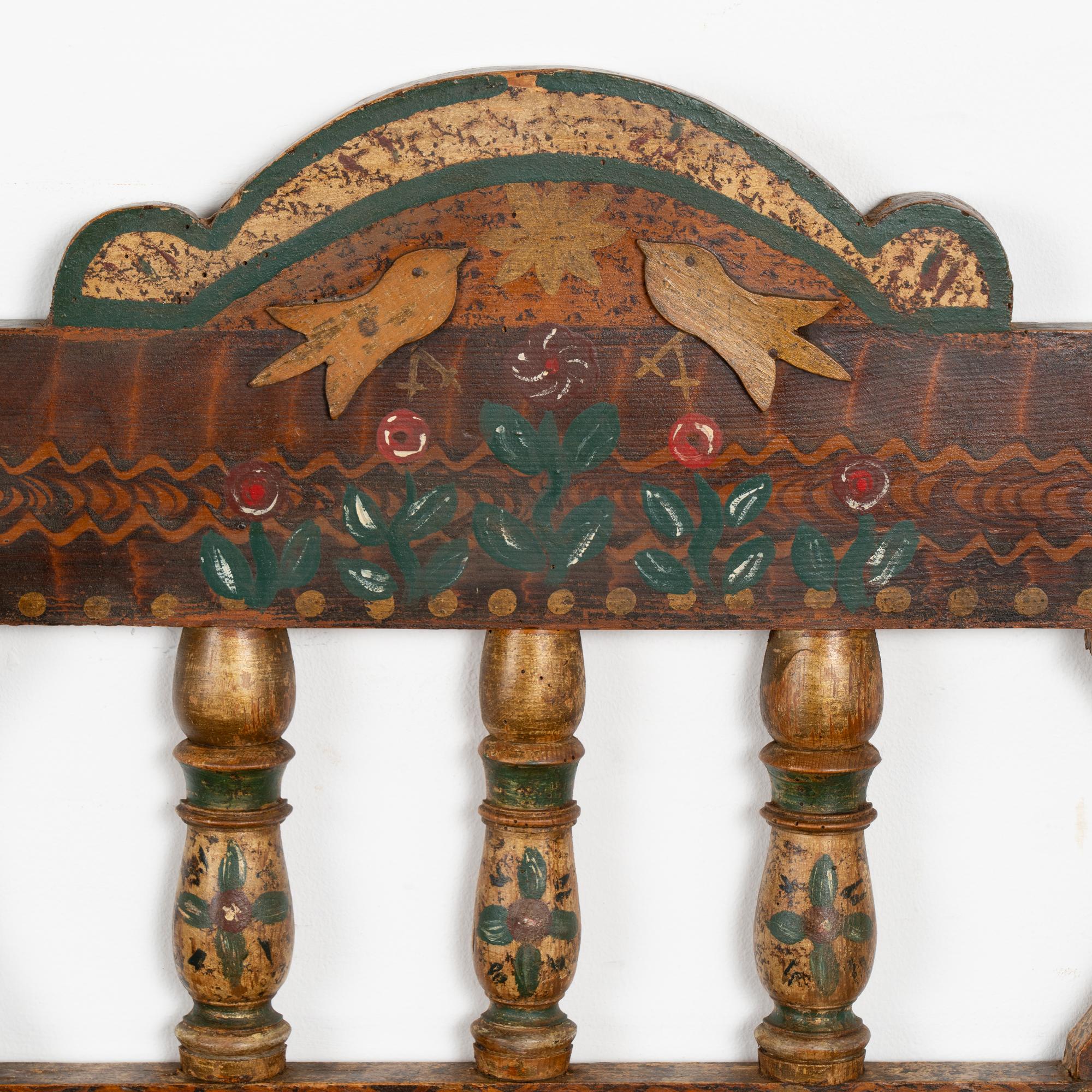 Original Painted Folk Art Bench With Carved Birds, Hungary dated 1933 For Sale 3