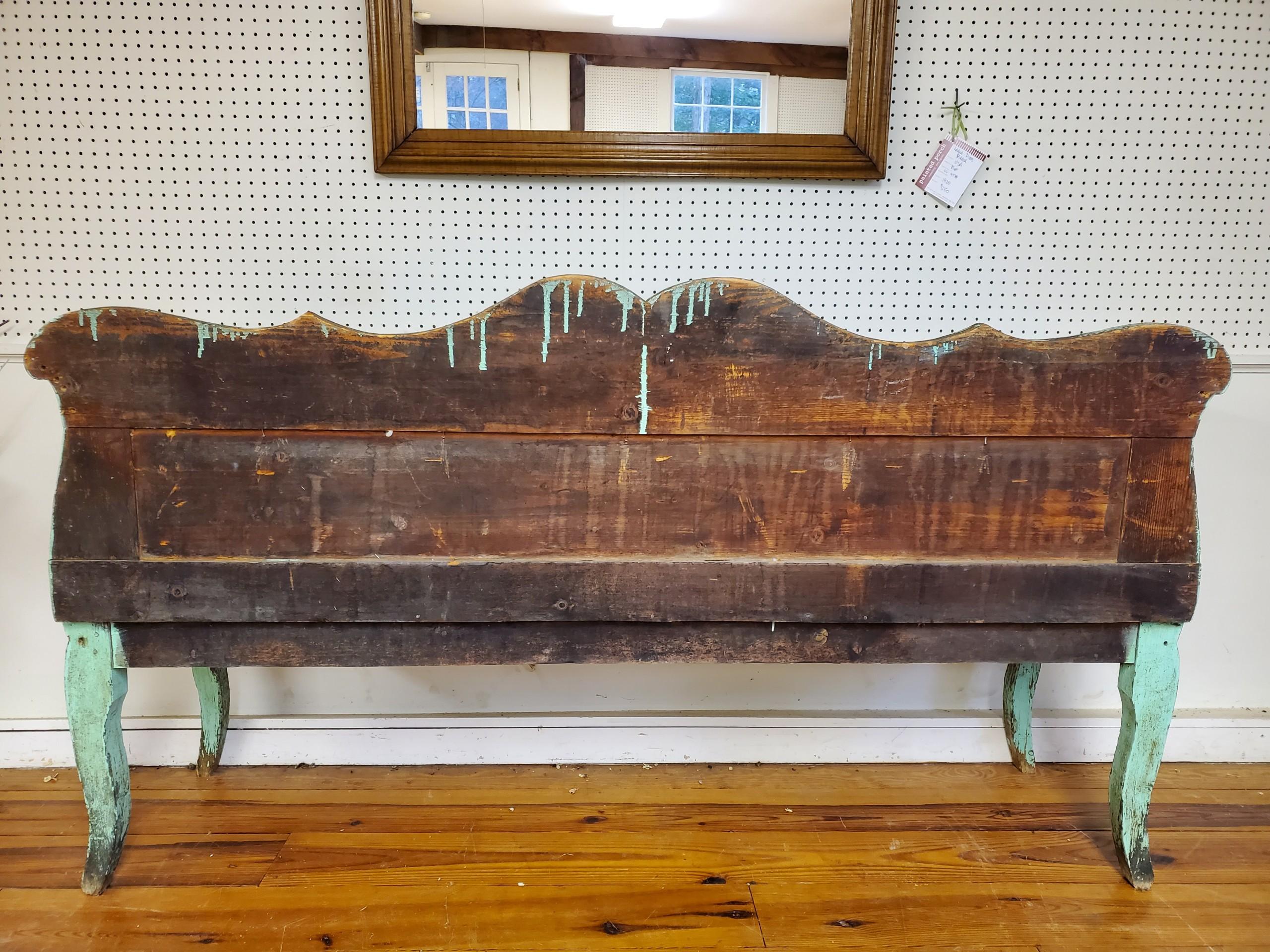 This is a French bench, with original paint and wonderful scalloped lines. The soft green original color will get your attention. Did i mention that its very comfortable too.