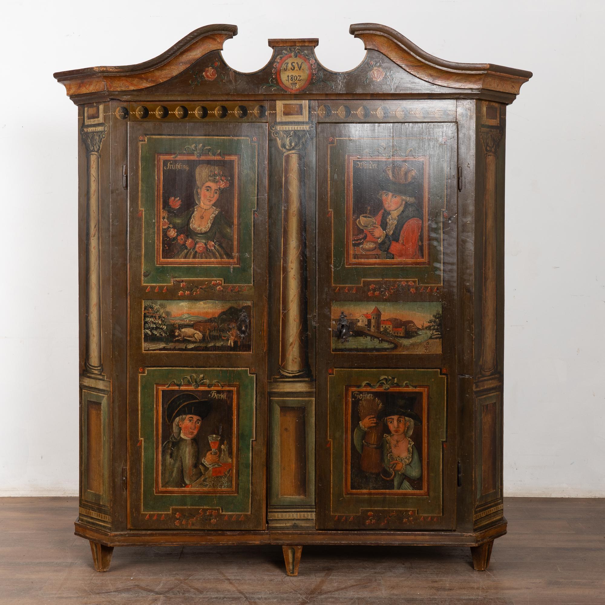 Original Painted German Shrunk Armoire with Four Seasons, Dated 1802 In Good Condition For Sale In Round Top, TX