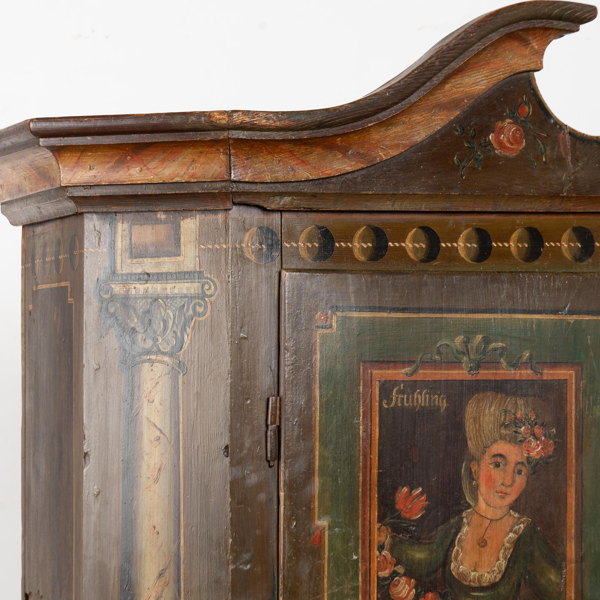 19th Century Original Painted German Shrunk Armoire with Four Seasons, Dated 1802 For Sale
