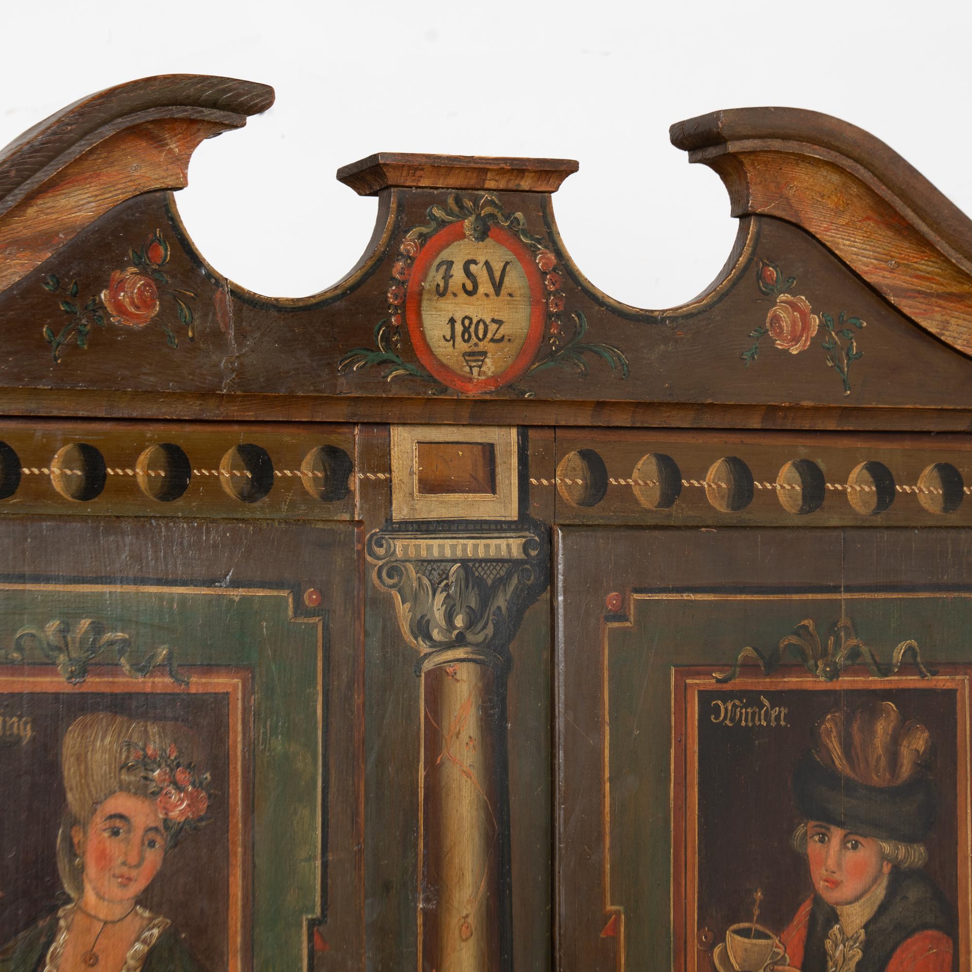 Wood Original Painted German Shrunk Armoire with Four Seasons, Dated 1802 For Sale