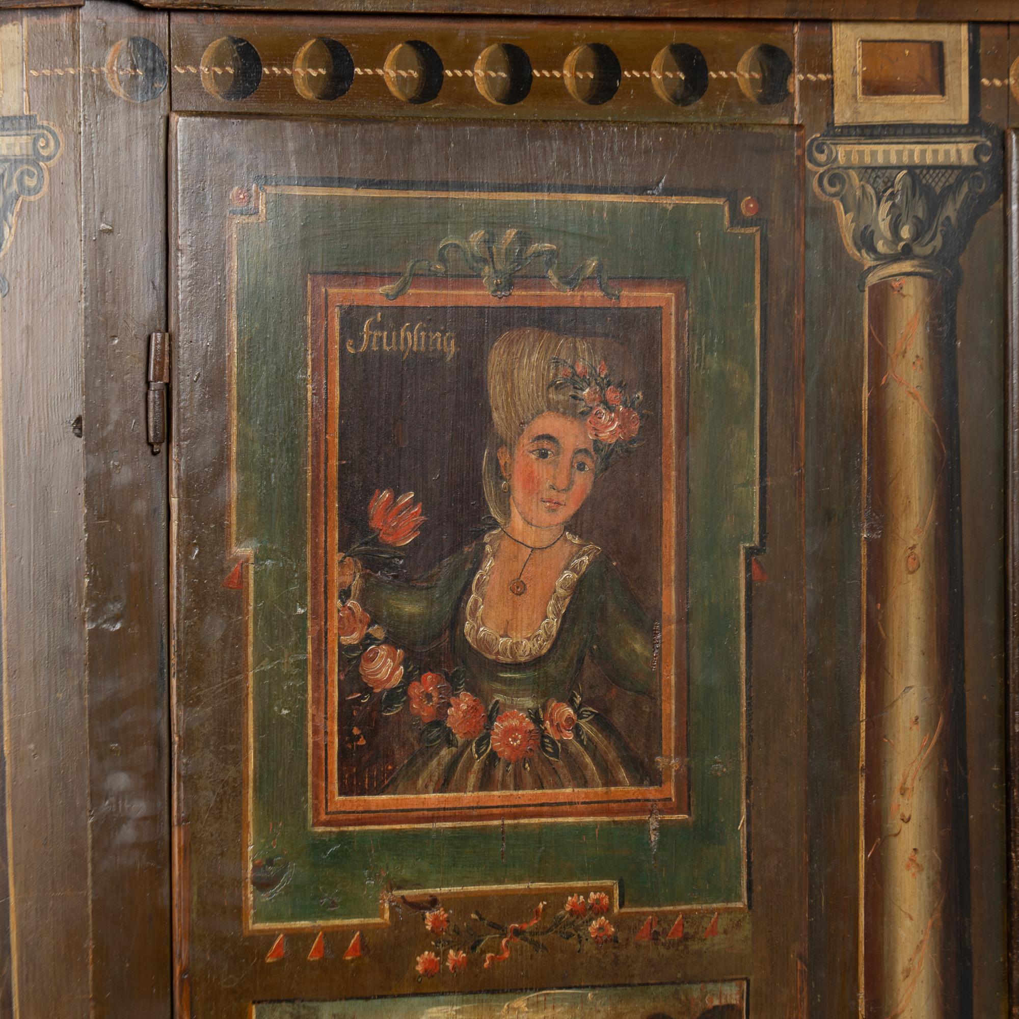 Original Painted German Shrunk Armoire with Four Seasons, Dated 1802 For Sale 1