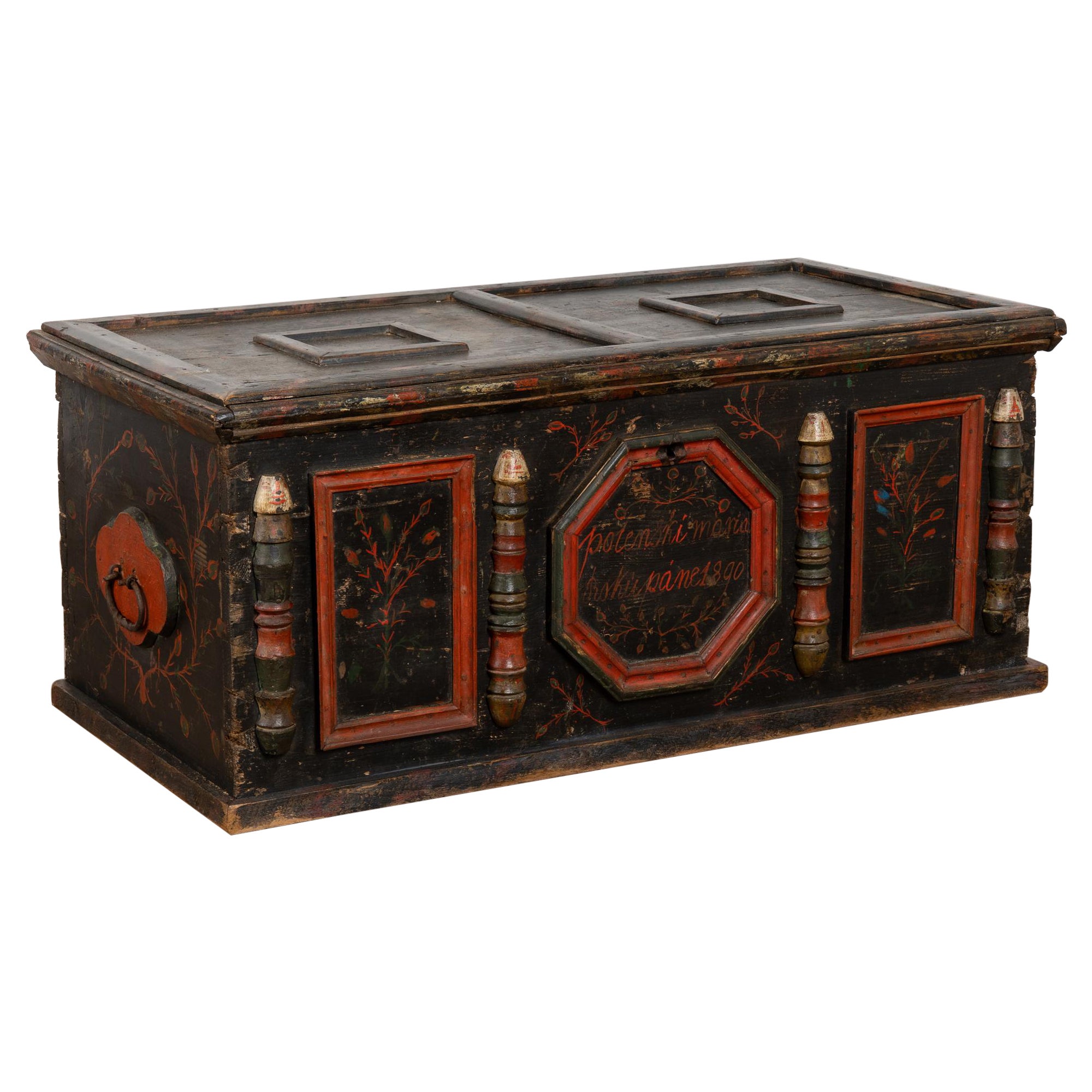 Baule ungherese a ripiano originale dipinto, datato 1890 in vendita