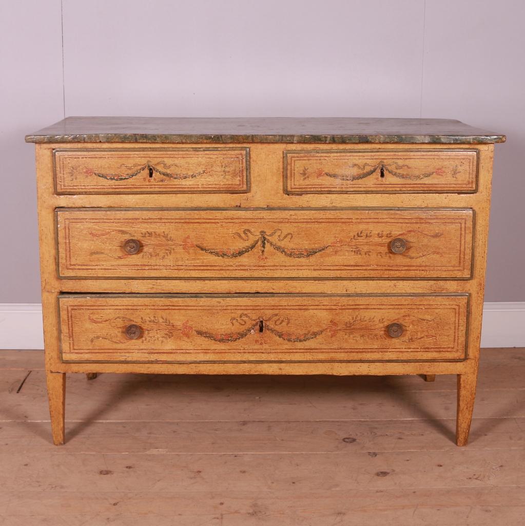 Stunning 18th C original painted Italian commode with faux marble top. 1780

Dimensions
47.5 inches (121 cms) Wide
23 inches (58 cms) Deep
32.5 inches (83 cms) High.