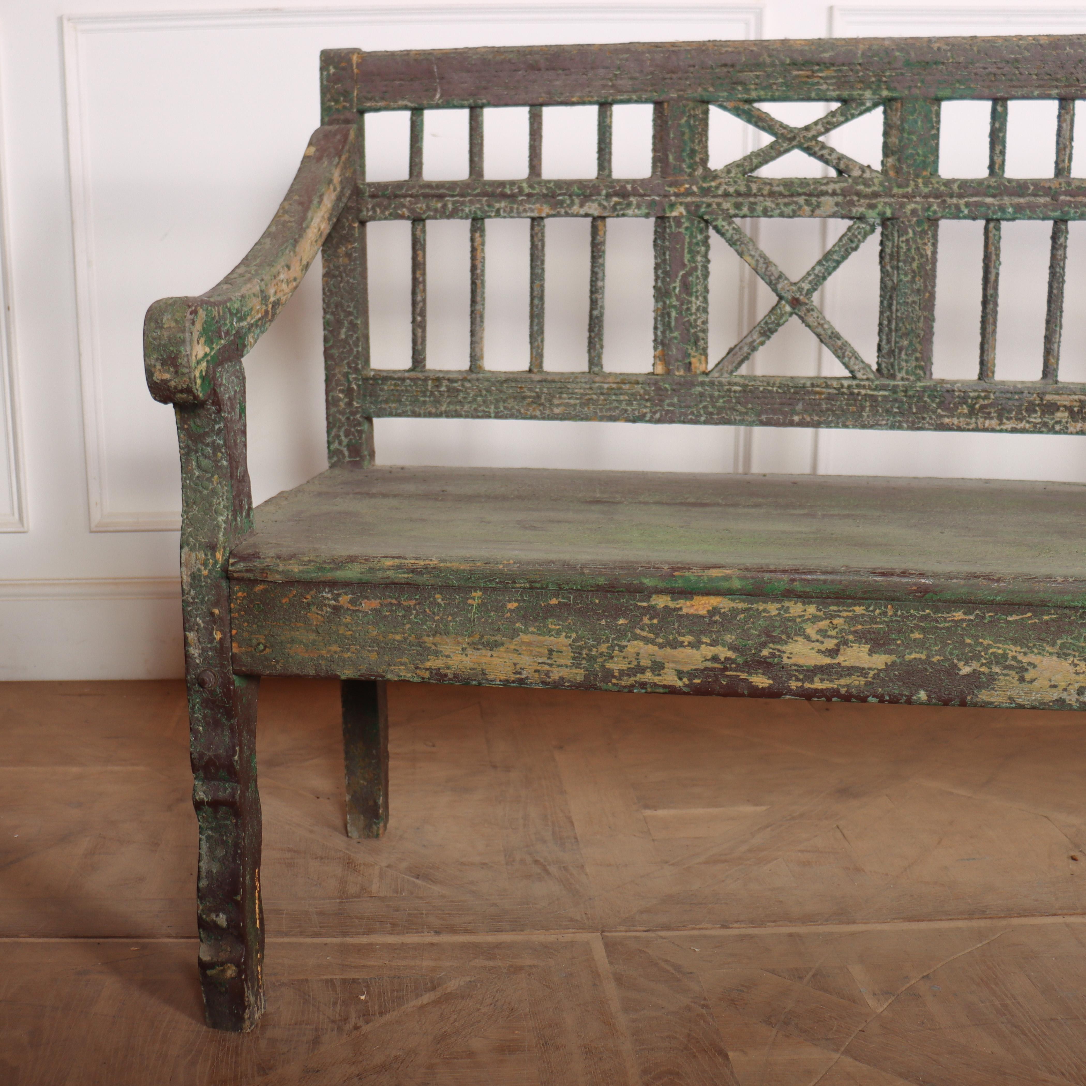 Very good original painted carved Italian settle. 1880.

Seat height is 18