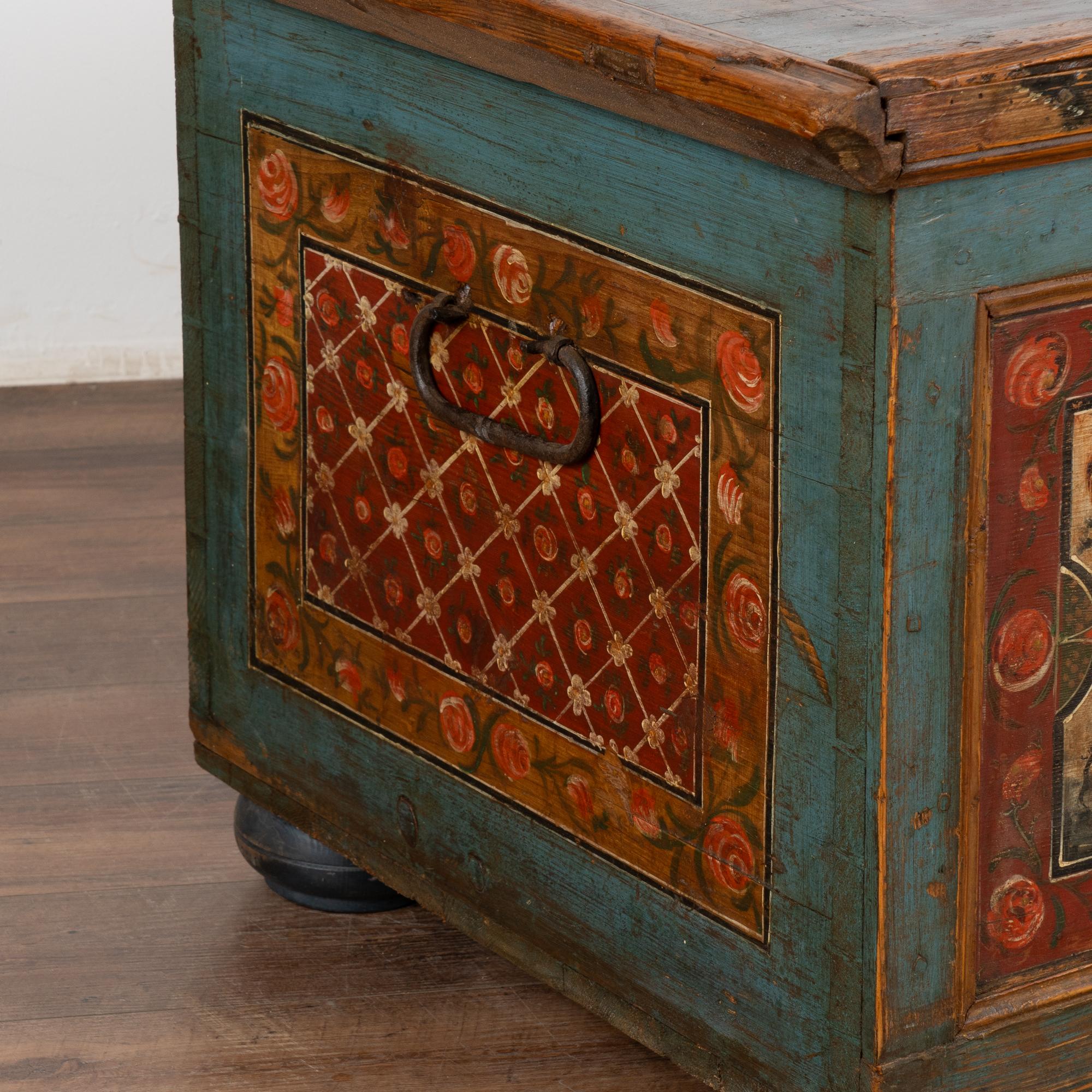 Original Painted Large Flat Top Trunk With Flowers and Figures, Hungary 1850-70 3