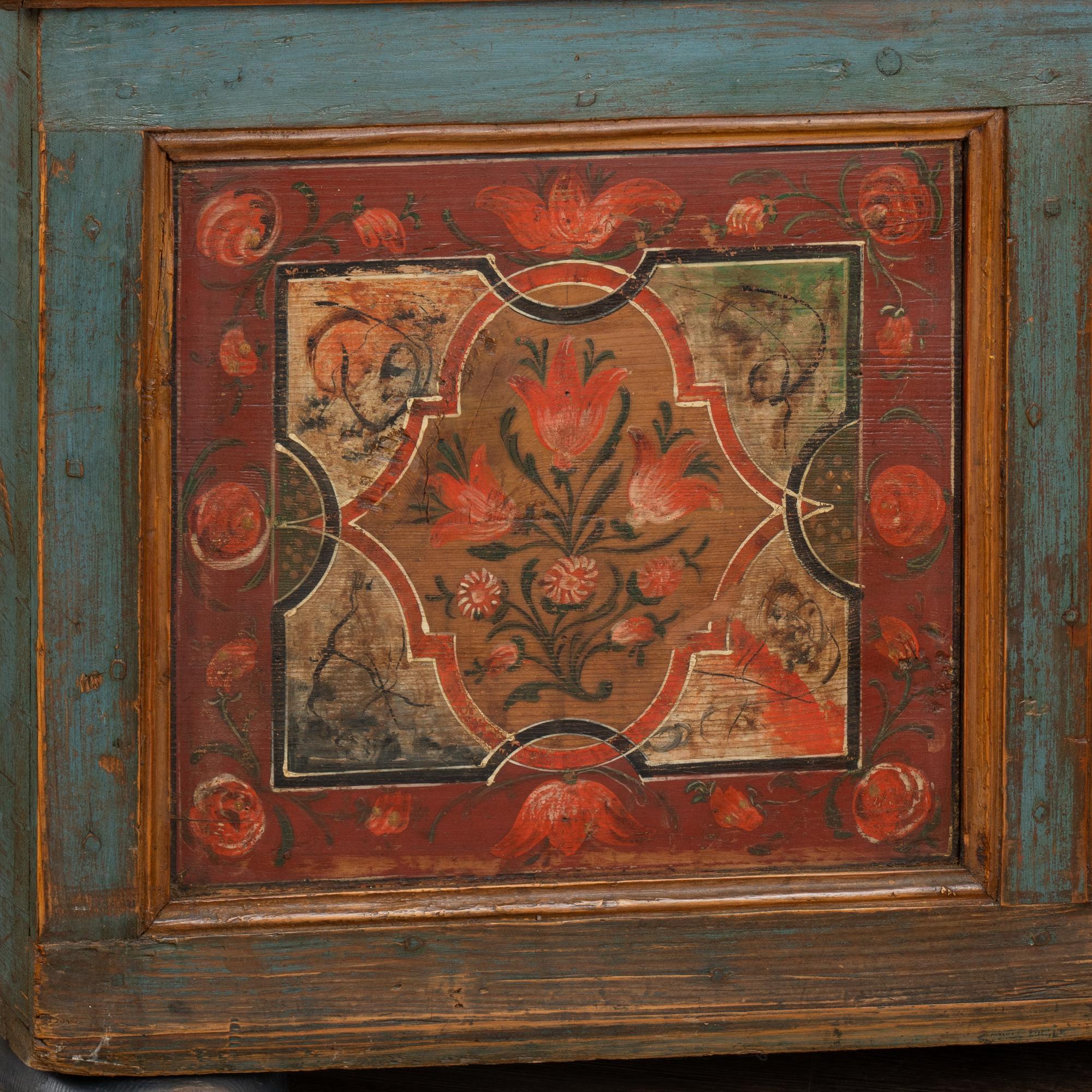 Original Painted Large Flat Top Trunk With Flowers and Figures, Hungary 1850-70 4