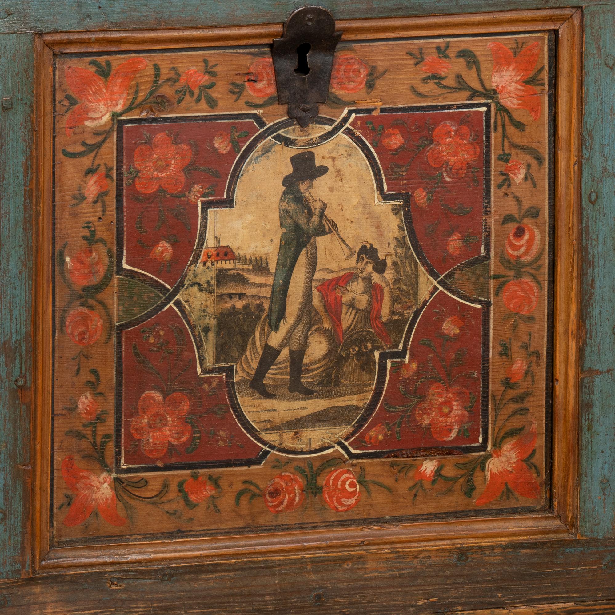 Original Painted Large Flat Top Trunk With Flowers and Figures, Hungary 1850-70 5