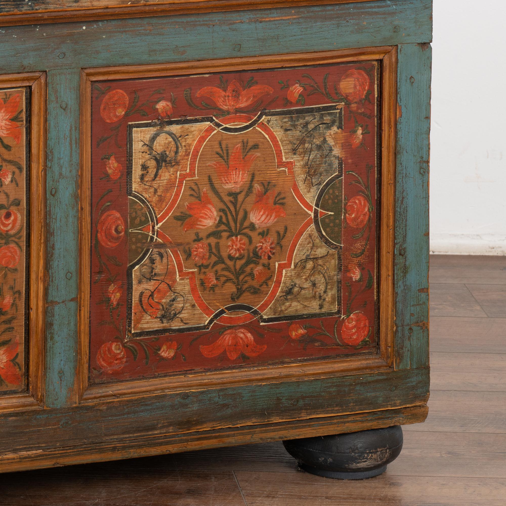 Original Painted Large Flat Top Trunk With Flowers and Figures, Hungary 1850-70 6