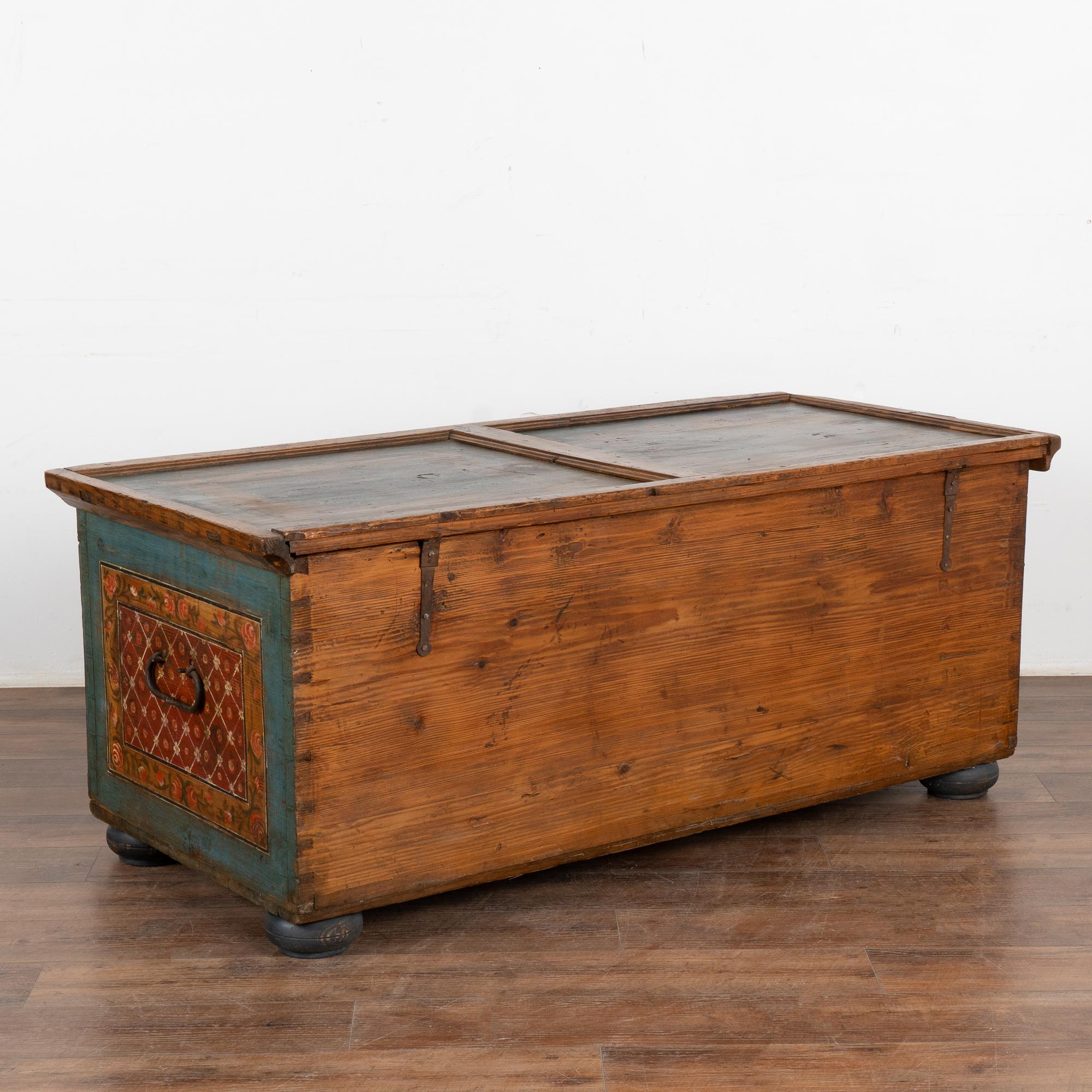 Original Painted Large Flat Top Trunk With Flowers and Figures, Hungary 1850-70 7