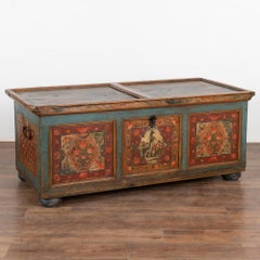 Original Painted Large Flat Top Trunk With Flowers and Figures, Hungary 1850-70