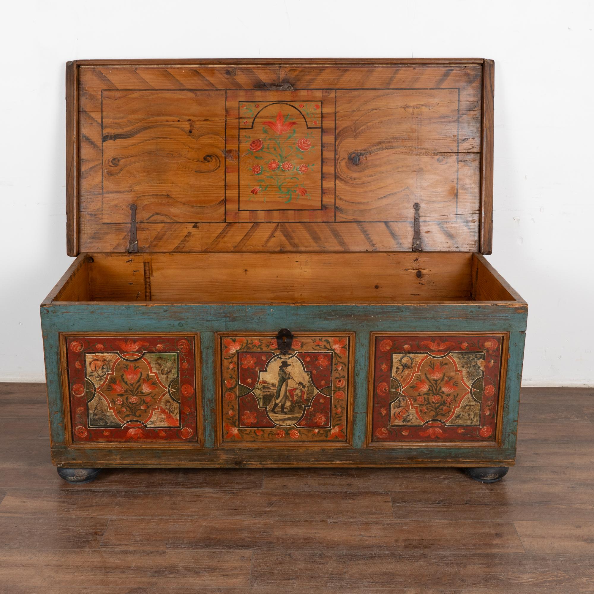 Folk Art Original Painted Large Flat Top Trunk With Flowers and Figures, Hungary 1850-70
