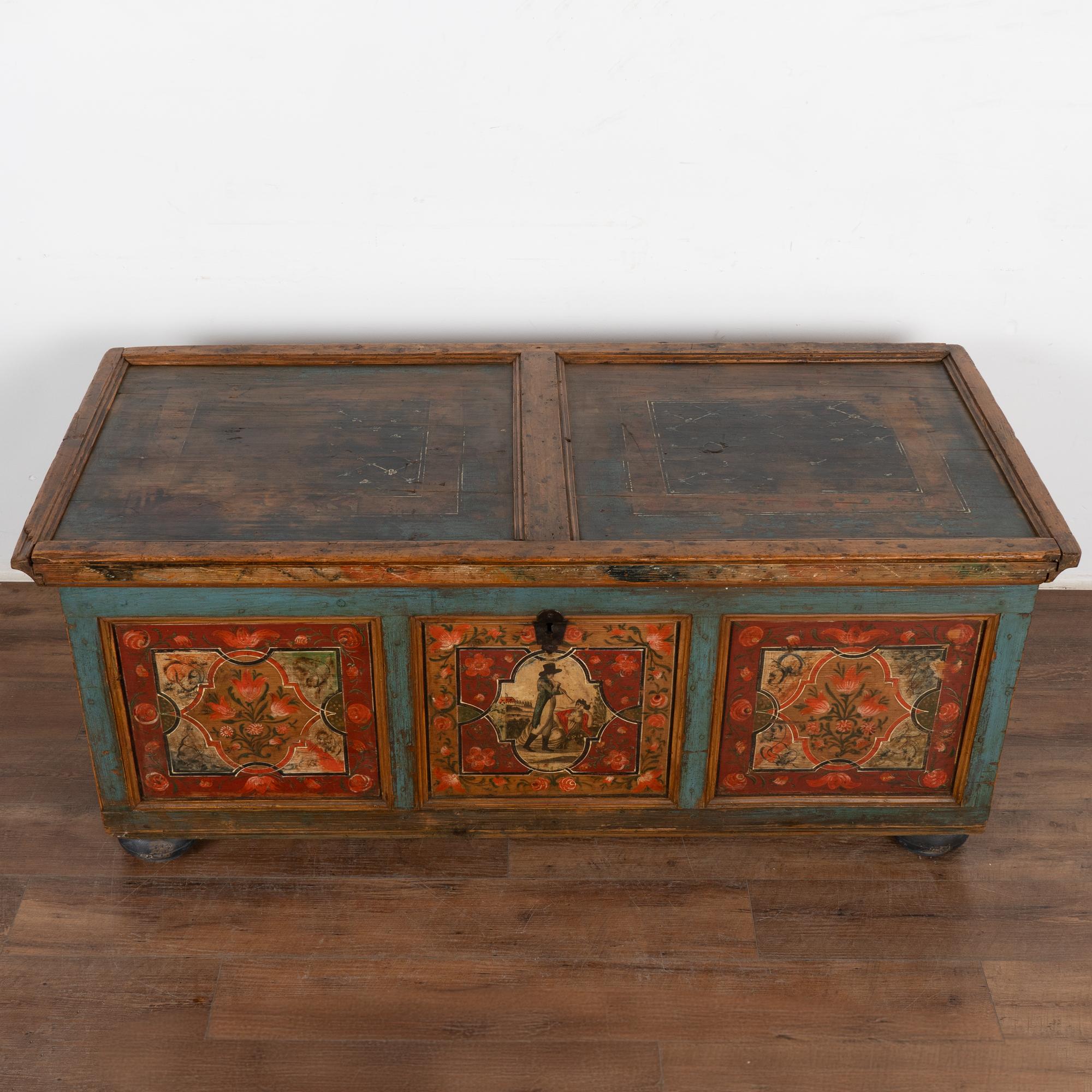 Hungarian Original Painted Large Flat Top Trunk With Flowers and Figures, Hungary 1850-70