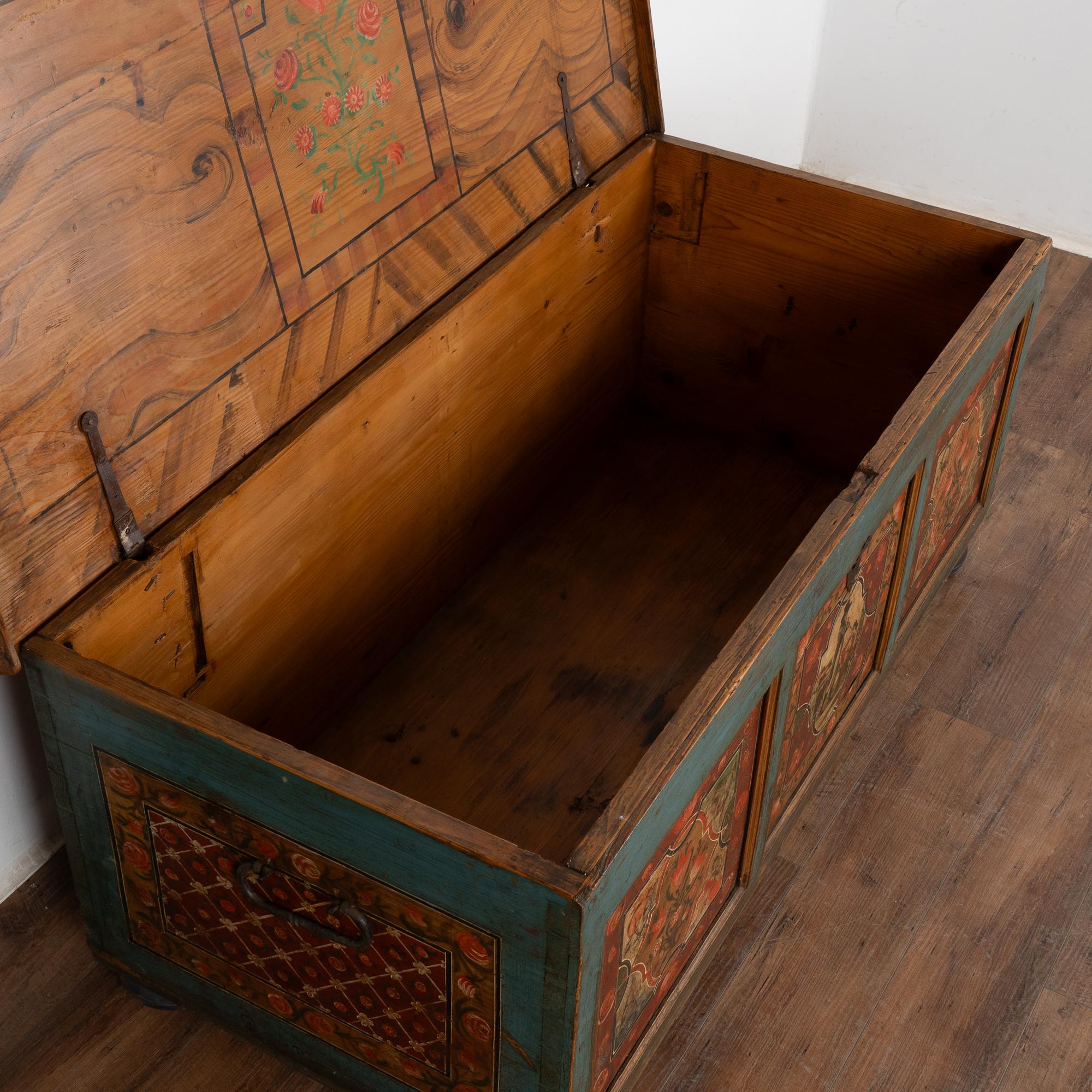 Original Painted Large Flat Top Trunk With Flowers and Figures, Hungary 1850-70 In Good Condition In Round Top, TX