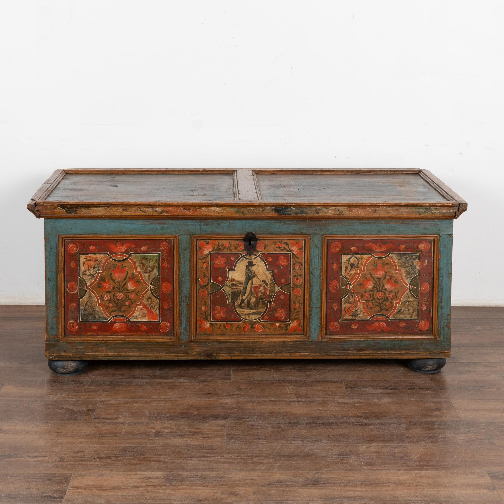 19th Century Original Painted Large Flat Top Trunk With Flowers and Figures, Hungary 1850-70