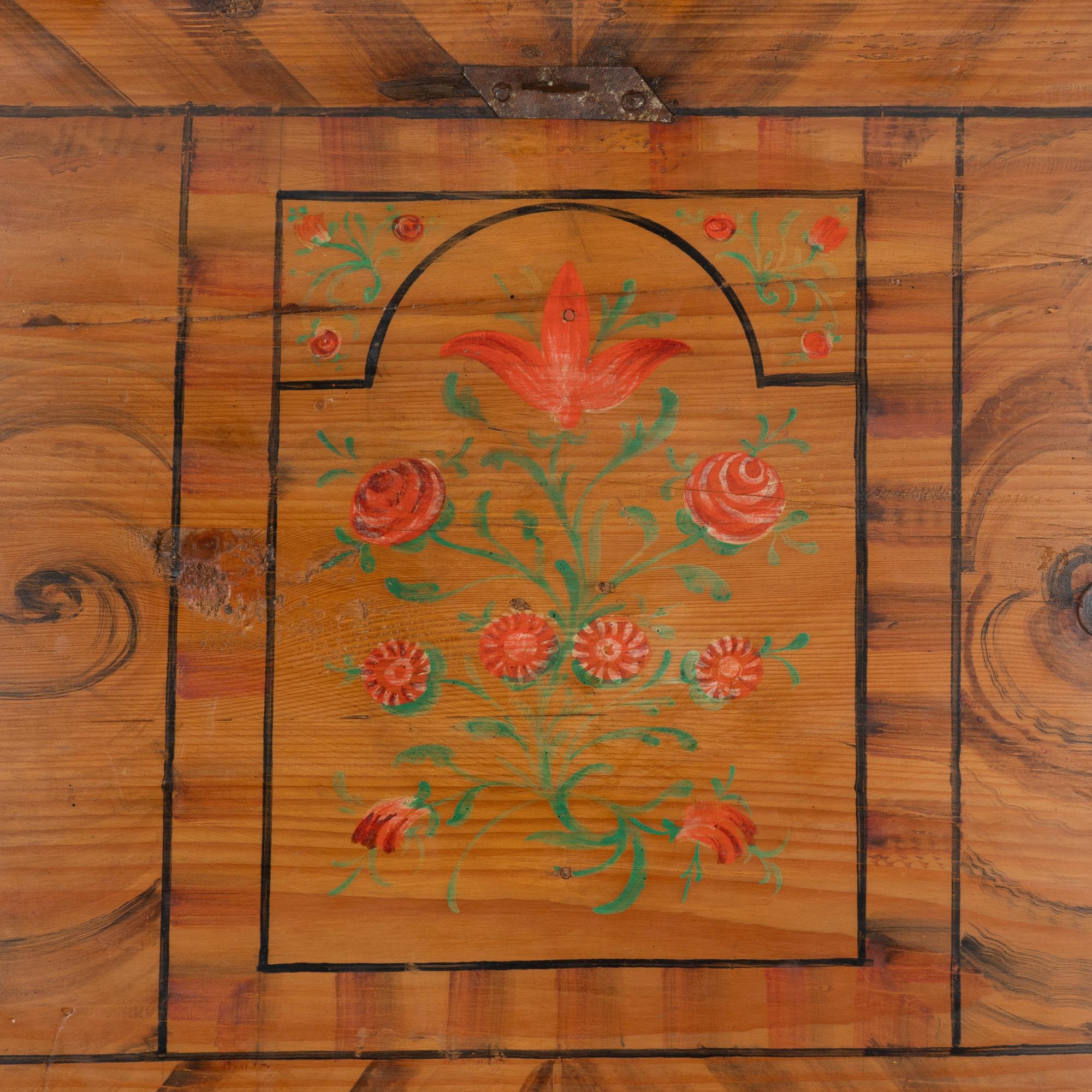 Wrought Iron Original Painted Large Flat Top Trunk With Flowers and Figures, Hungary 1850-70