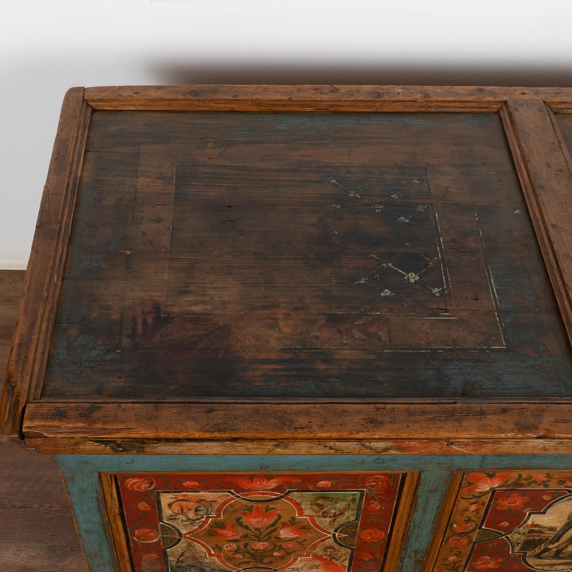 Original Painted Large Flat Top Trunk With Flowers and Figures, Hungary 1850-70 1