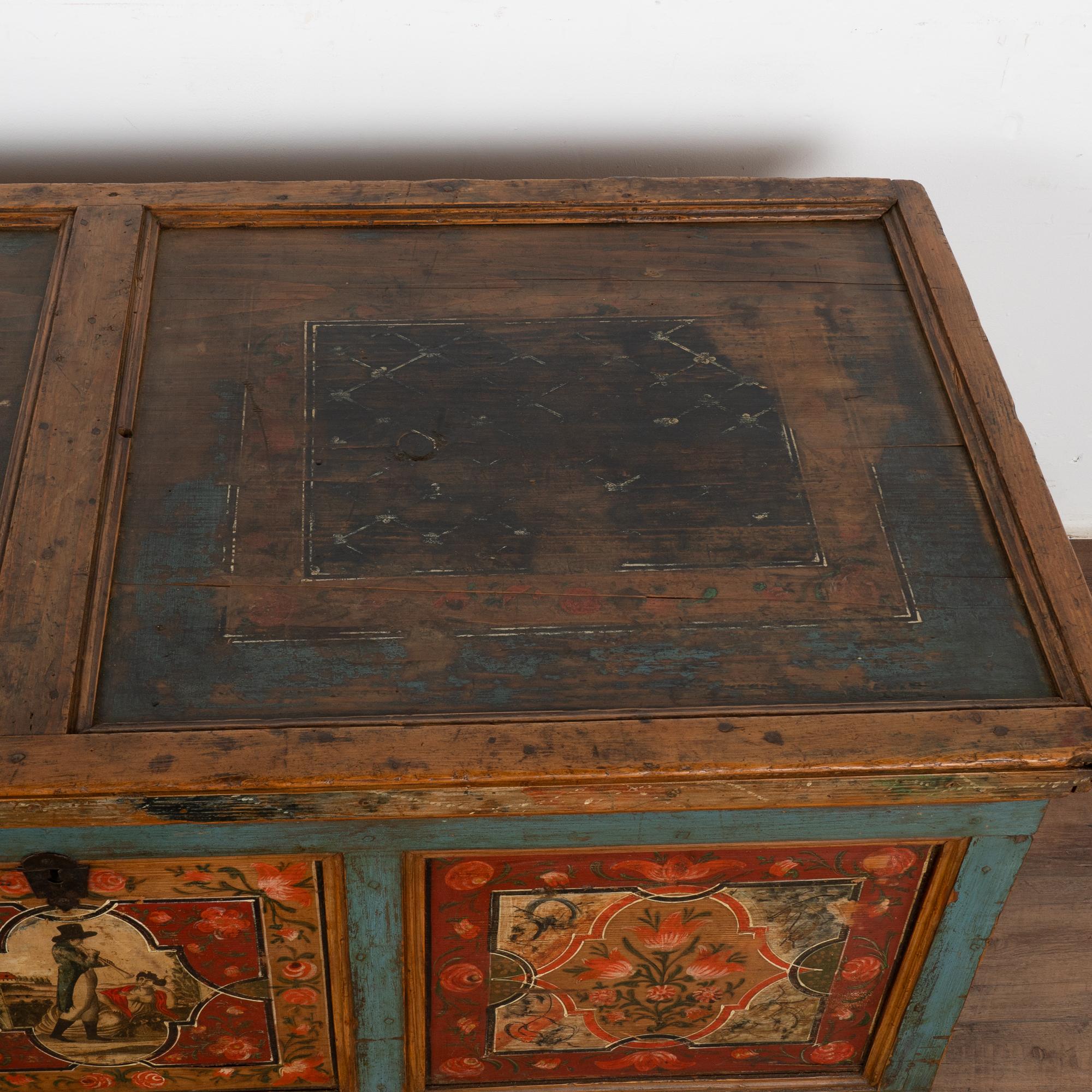 Original Painted Large Flat Top Trunk With Flowers and Figures, Hungary 1850-70 2