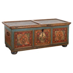 Original Painted Large Flat Top Trunk With Flowers and Figures, Hungary 1850-70